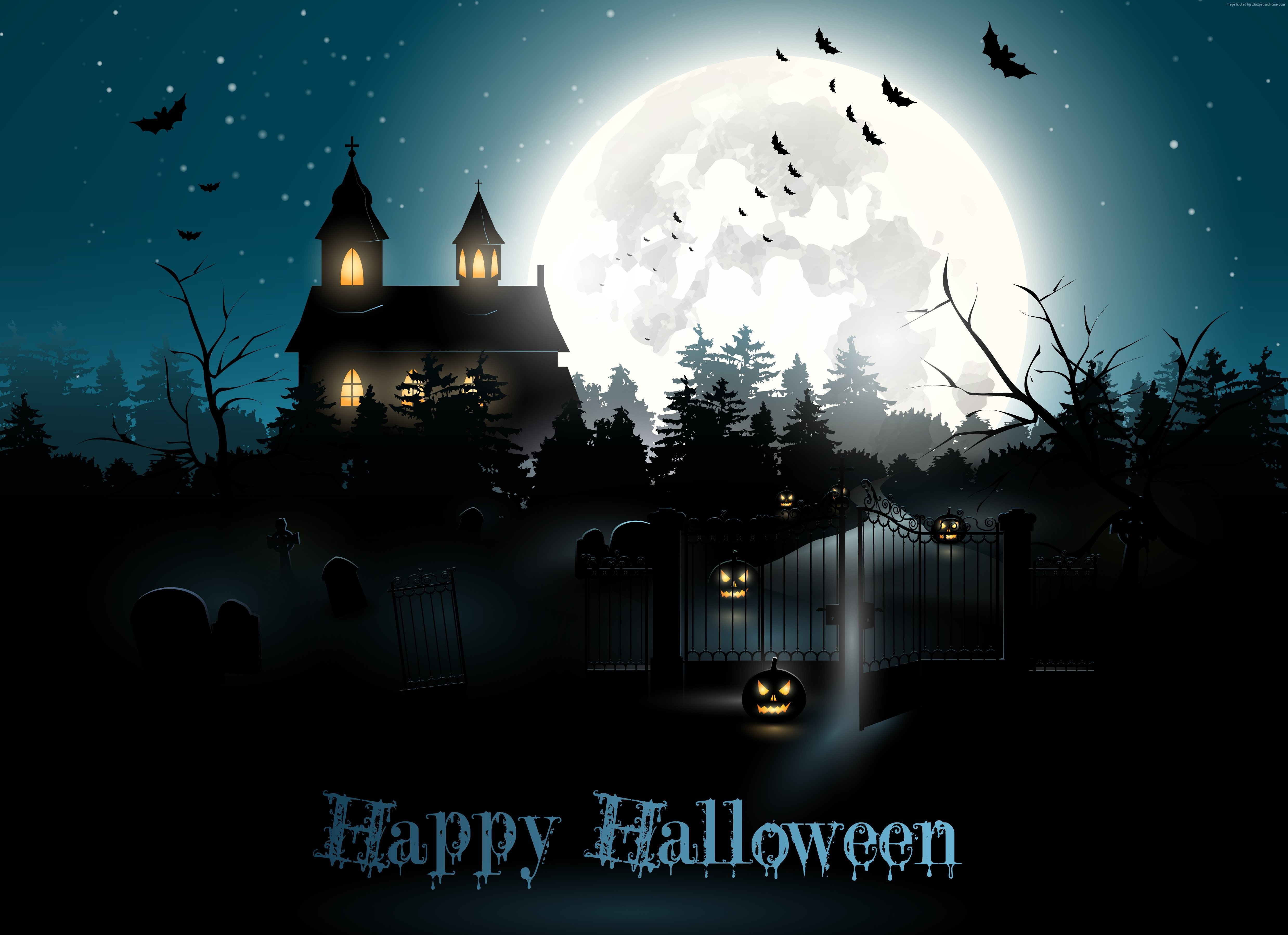 pumpkin, night, cemetery, moon, Halloween