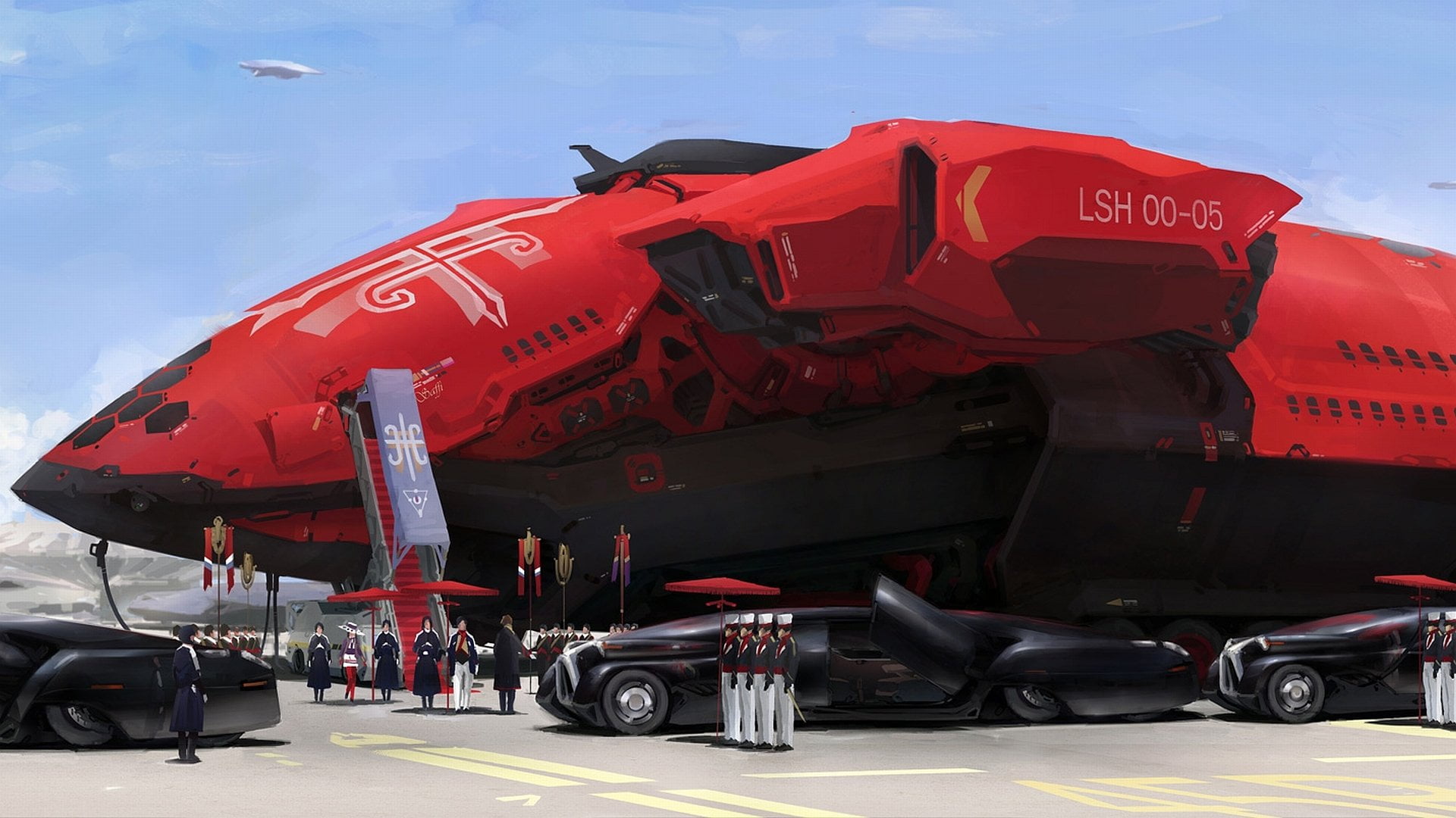red spacecraft, Sci Fi, Spaceship, mode of transportation, air vehicle