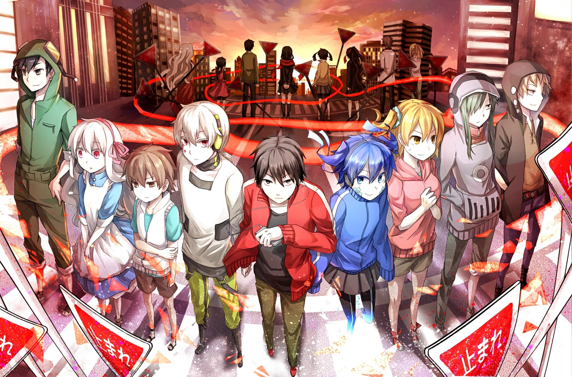 anime characters, sunset, the city, girls, home, headphones, signs