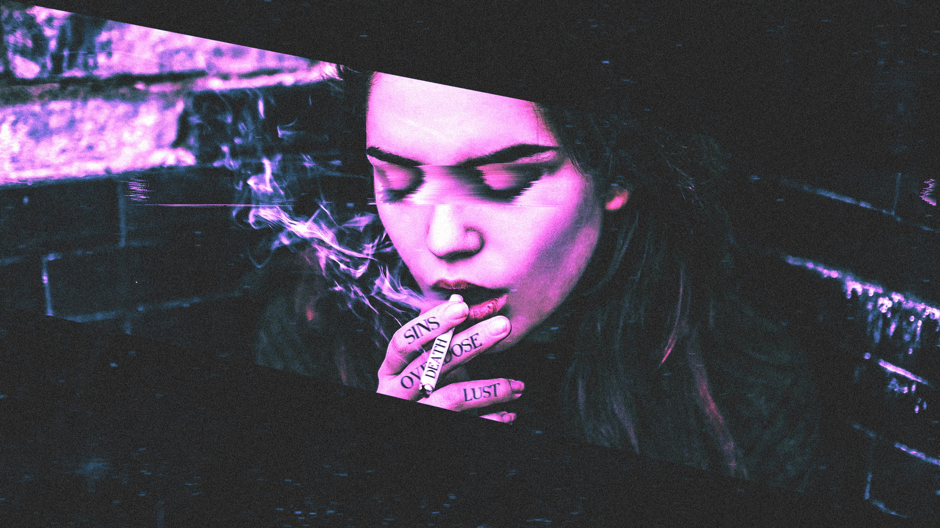 Cara Delevingne, purple, women, cigarettes, smoke, skull, eyes