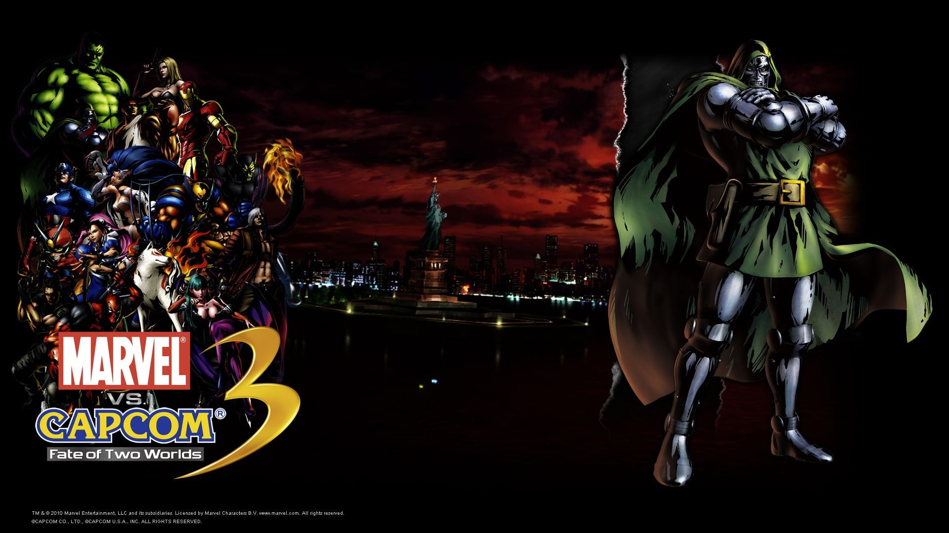 comics marvel vs capcom 3 dr_ doom, night, illuminated, building exterior