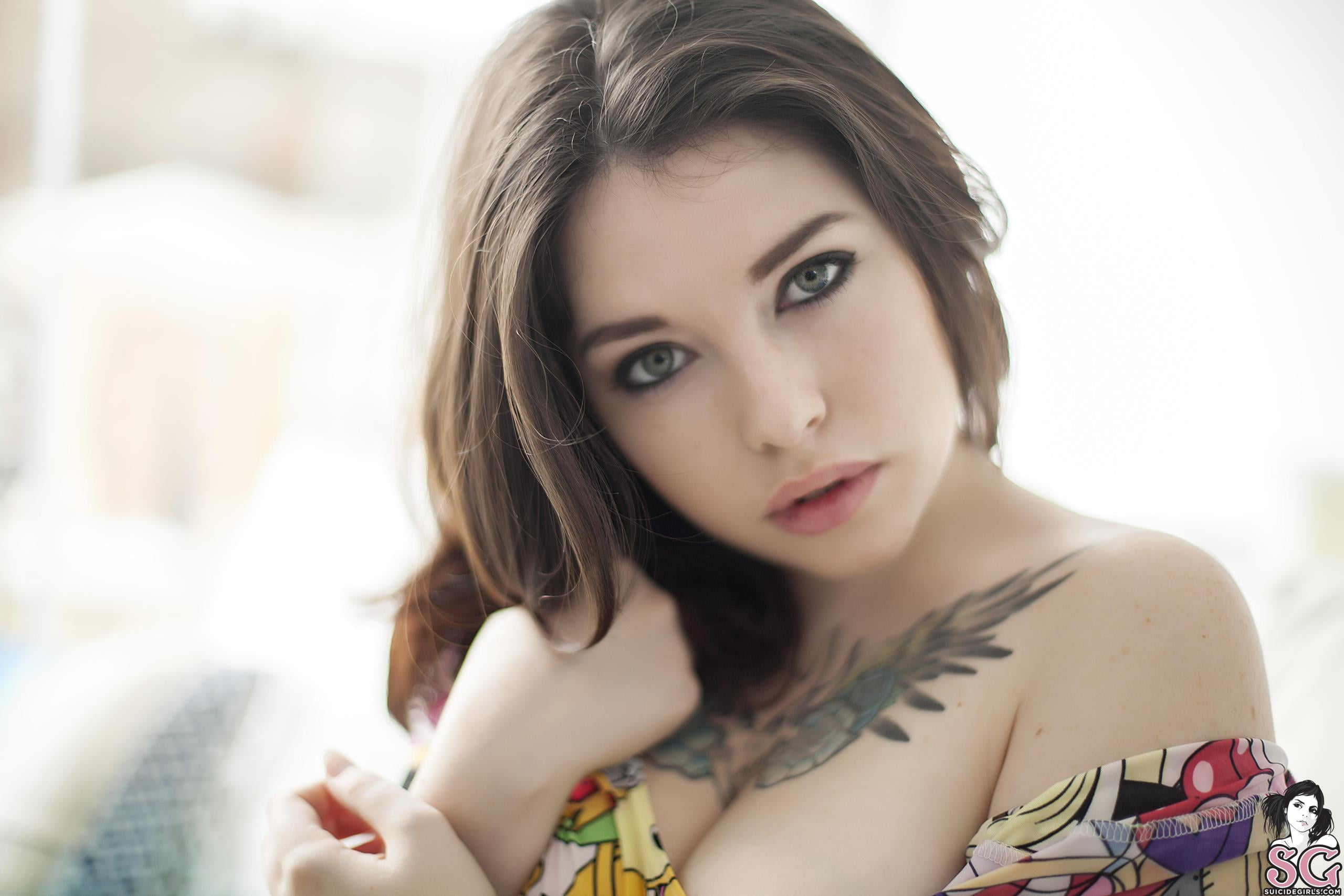 women's brown hair, Suicide Girls, tattoo, face, pornstar, Voly Suicide