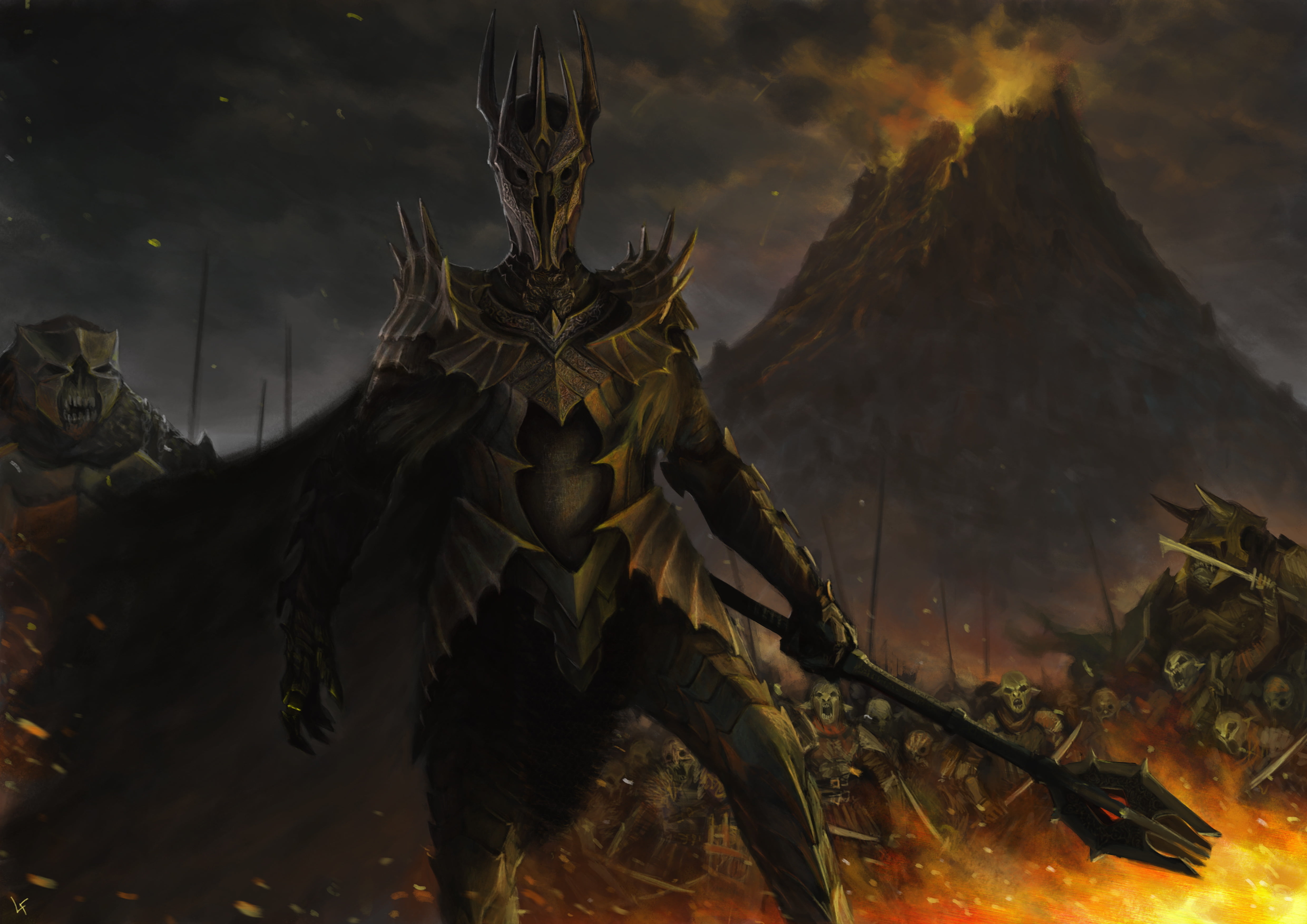 knight with staff wallpaper, fire, mountain, the Lord of the rings