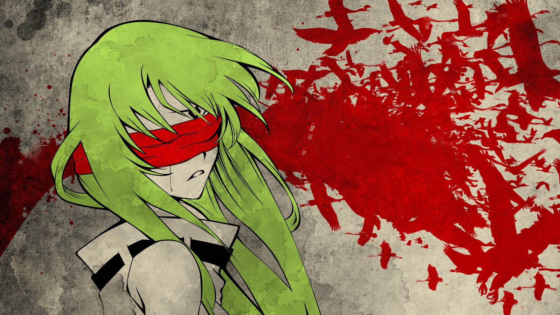 Code Geass, C.C., blindfold, green hair, birds, anime girls
