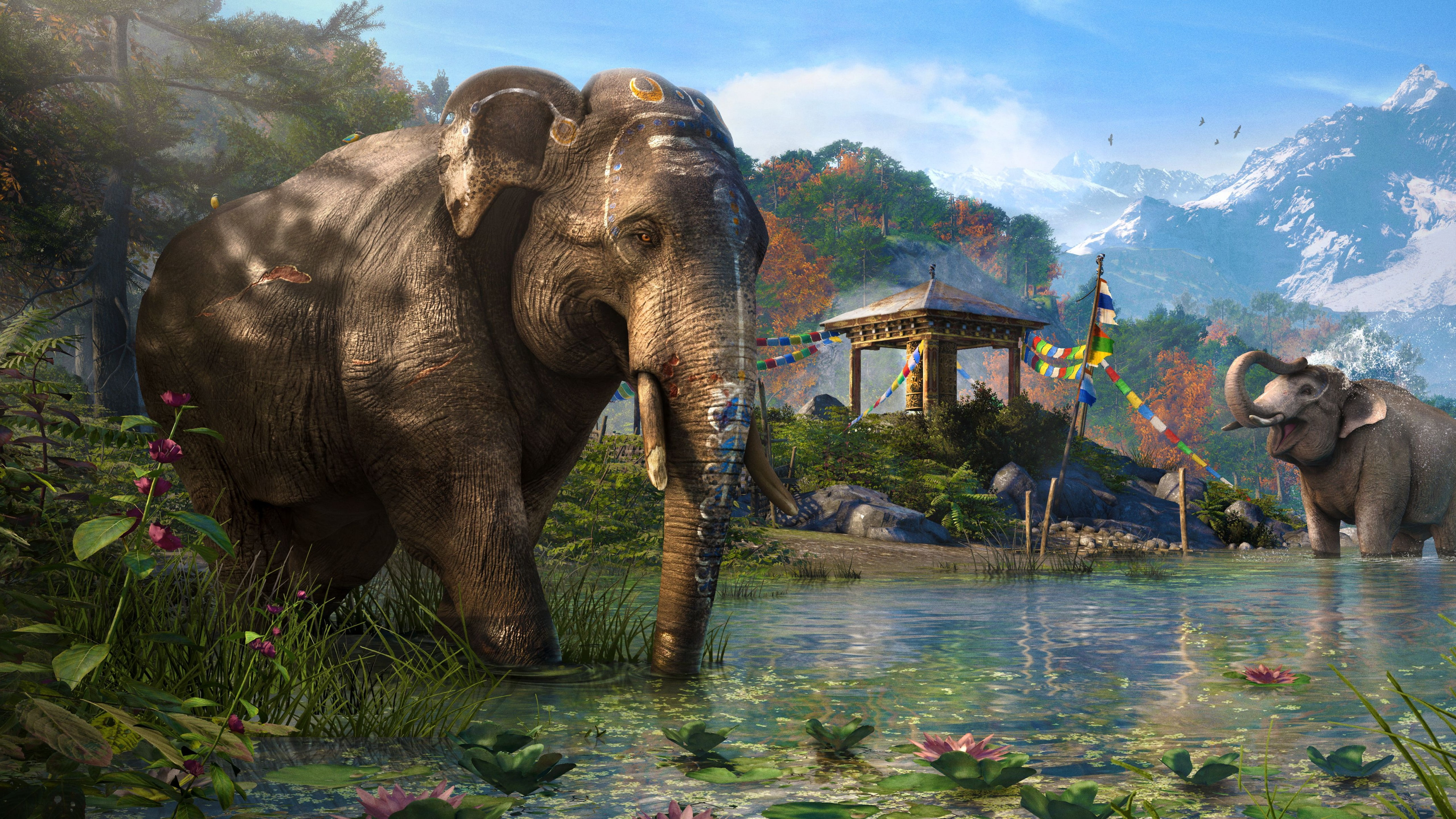 two elephants doing bath during daytime with alps background digital artwork