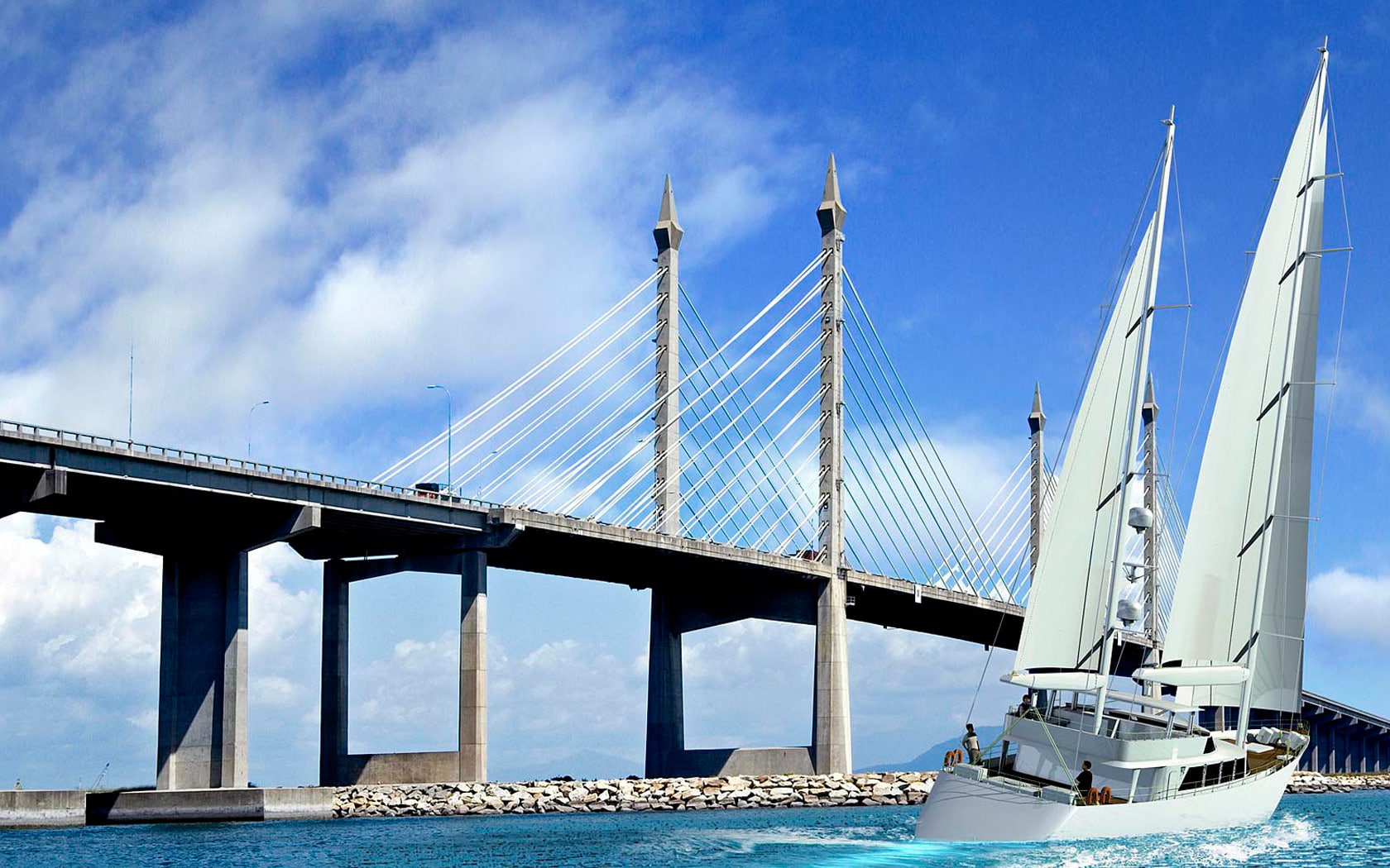 Penang Bridge Malaysia, grey concrete bridge and sail boat