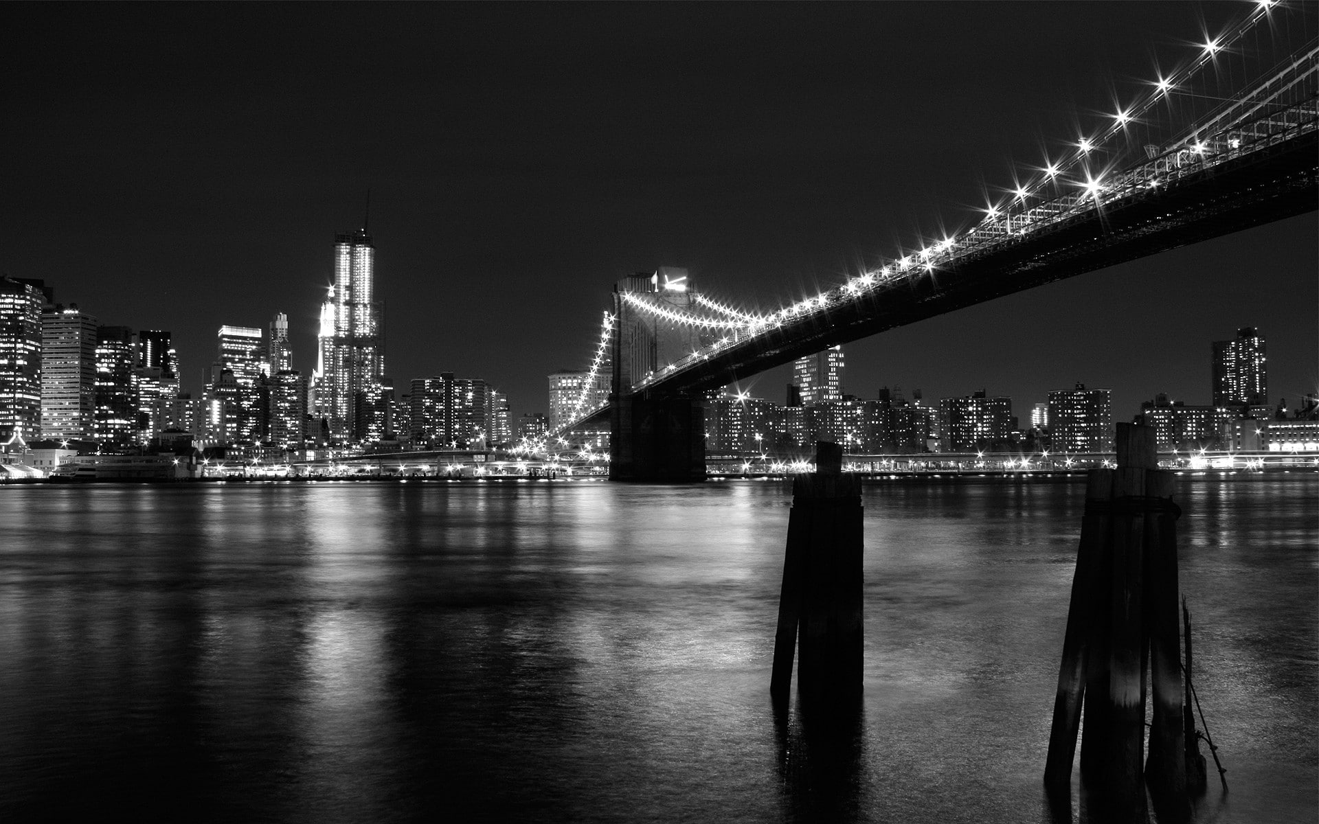 bridge, monochrome, New York City, night, Brooklyn Bridge