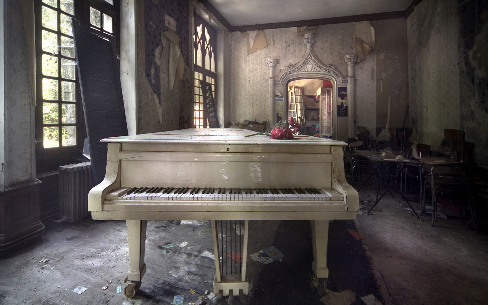 white grand piano, music, room, indoors, architecture, old, seat