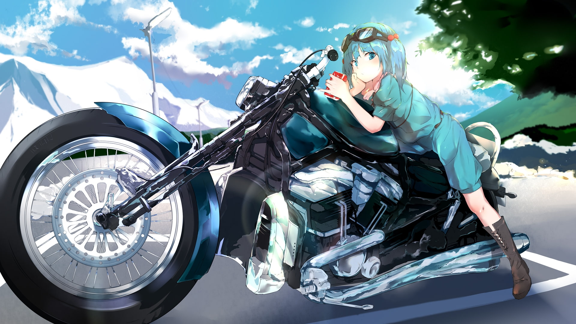 kawashiro nitori, touhou, motorcycle, blue hair, Anime, mode of transportation