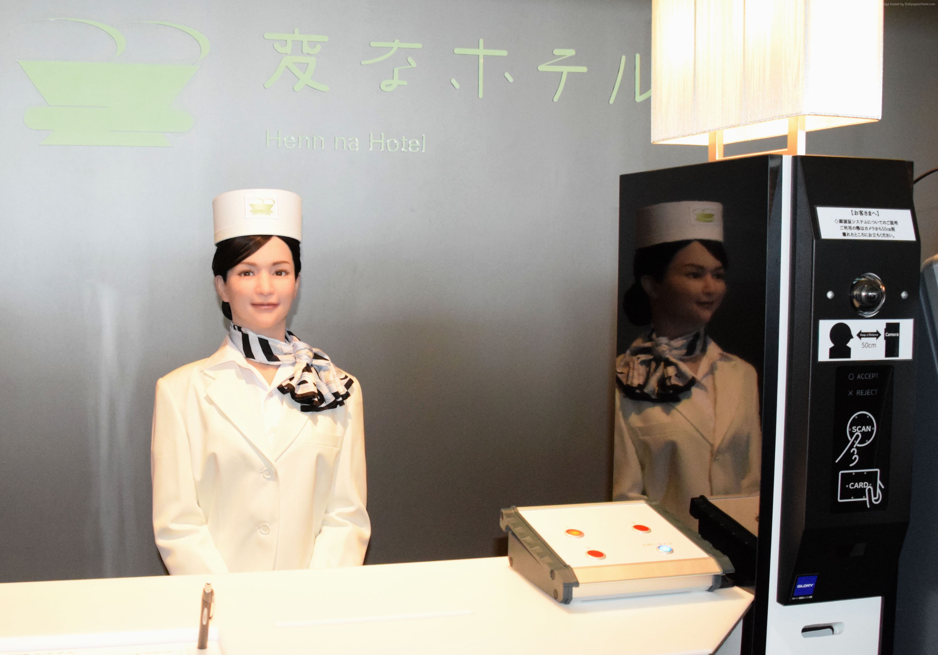 Robot Hotel, Female Robot Receptionist, two people, indoors