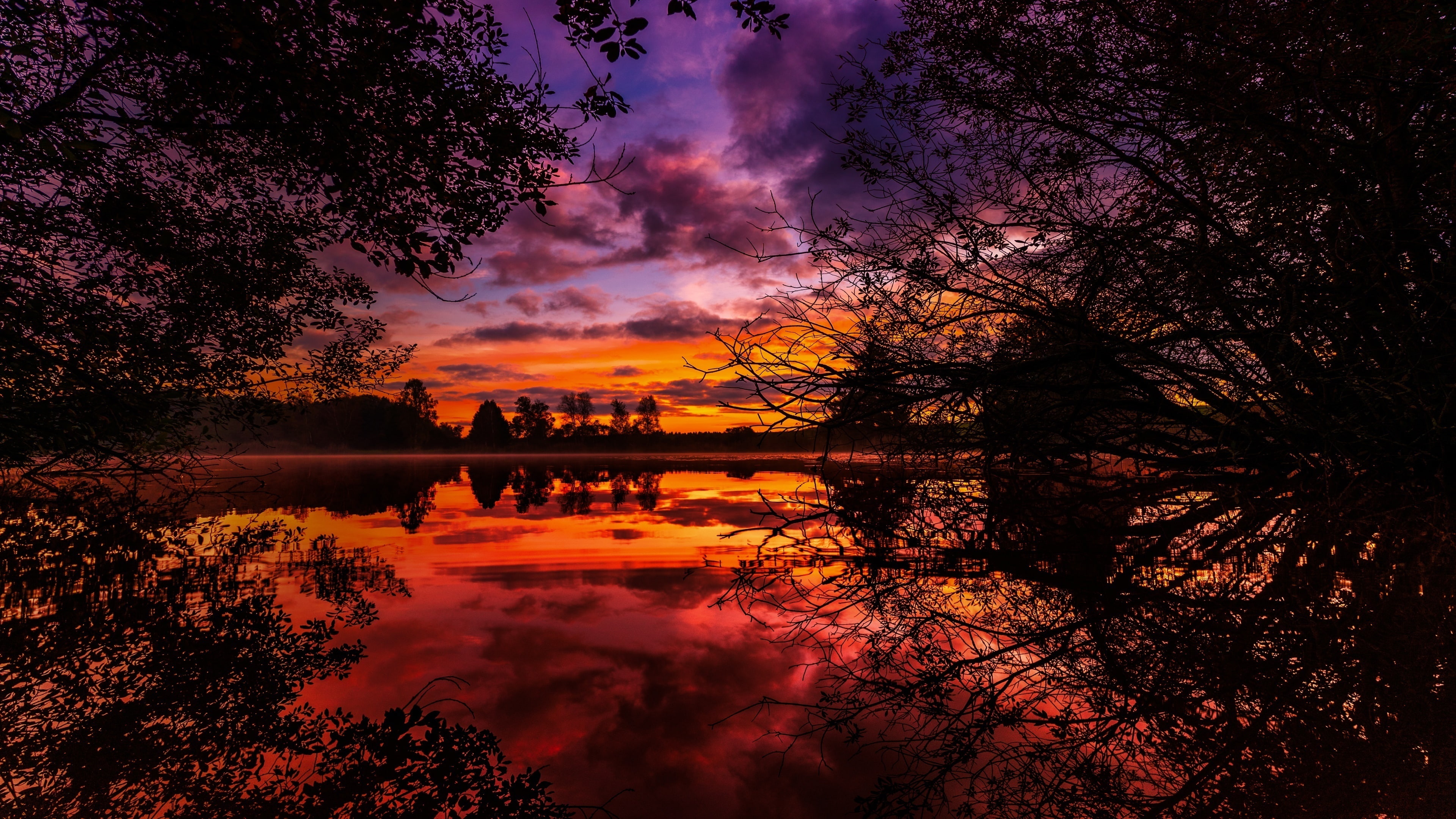reflection, dusk, sunset, lake, orange sky, scenic, evening