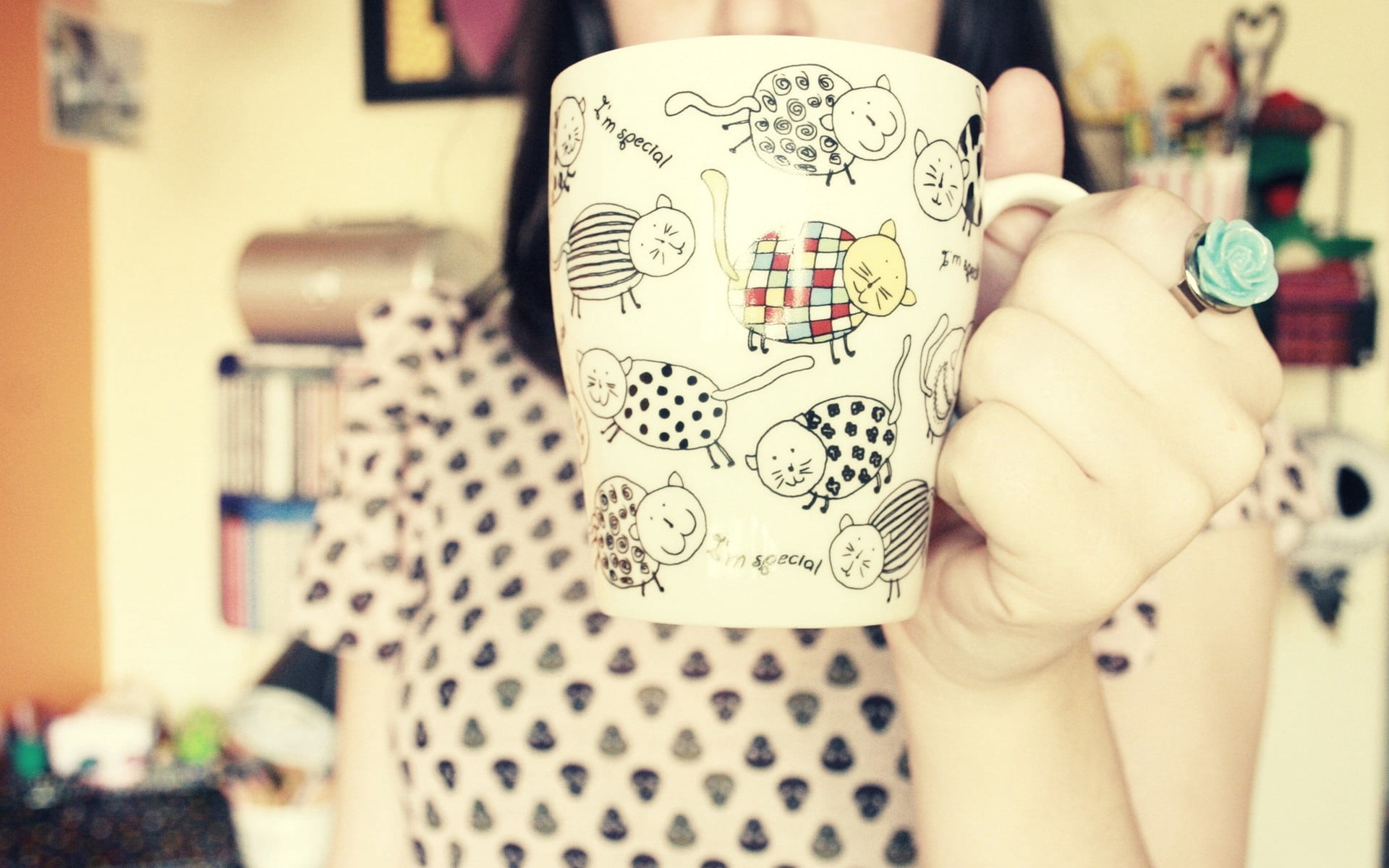 white and black ceramic mug, cup, pattern, patterns, dishes, one person