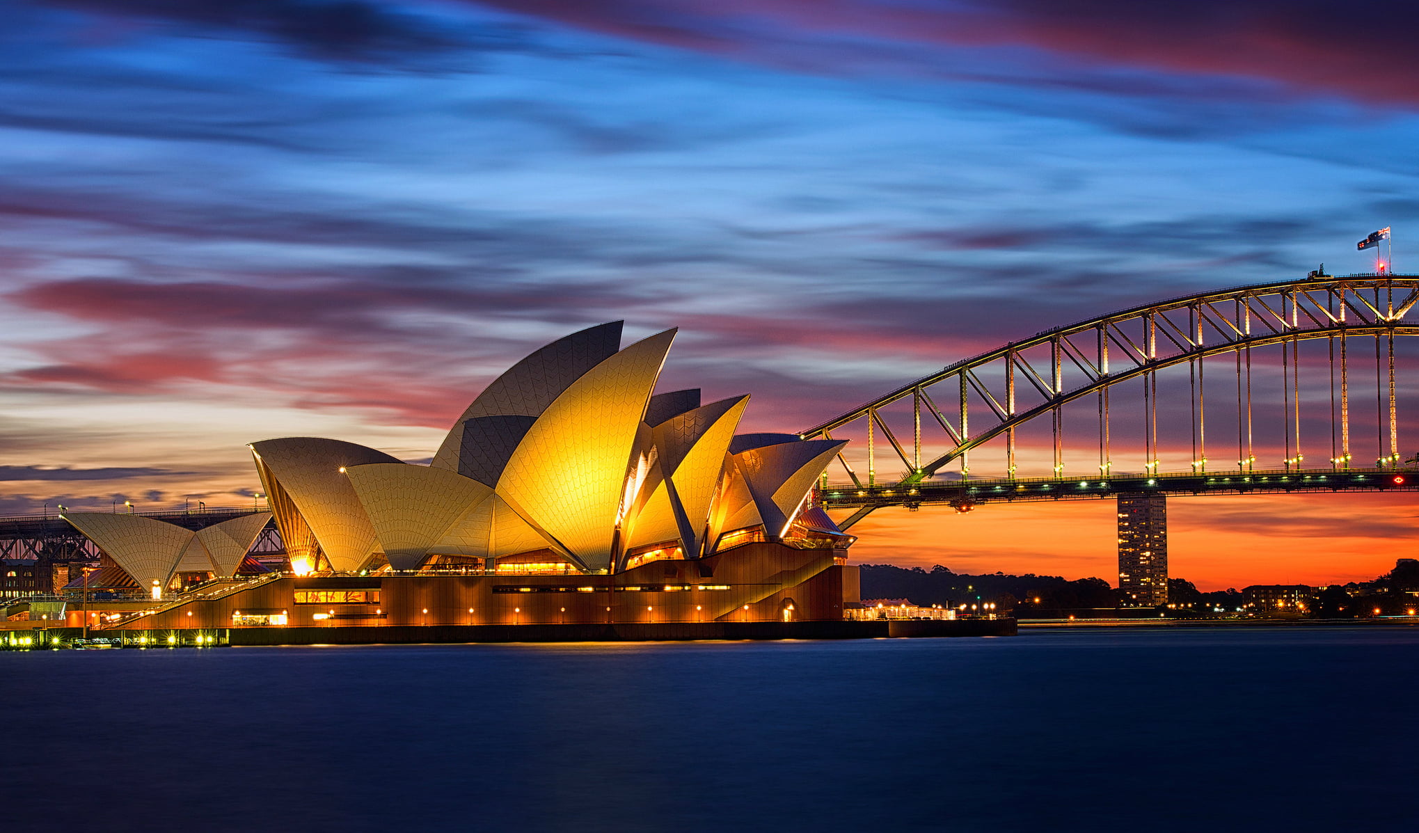 Sydney Opera House, Australia, sea, the sky, clouds, sunset, orange