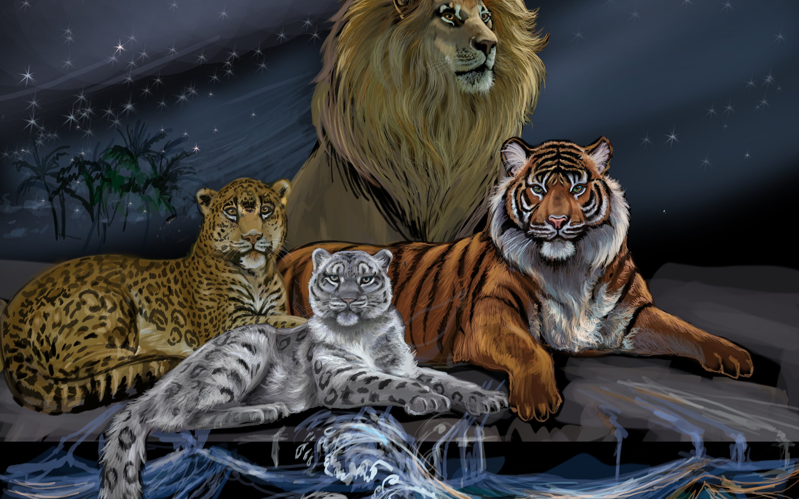 tiger and lion painting, trees, waves, artwork, digital art, leopard