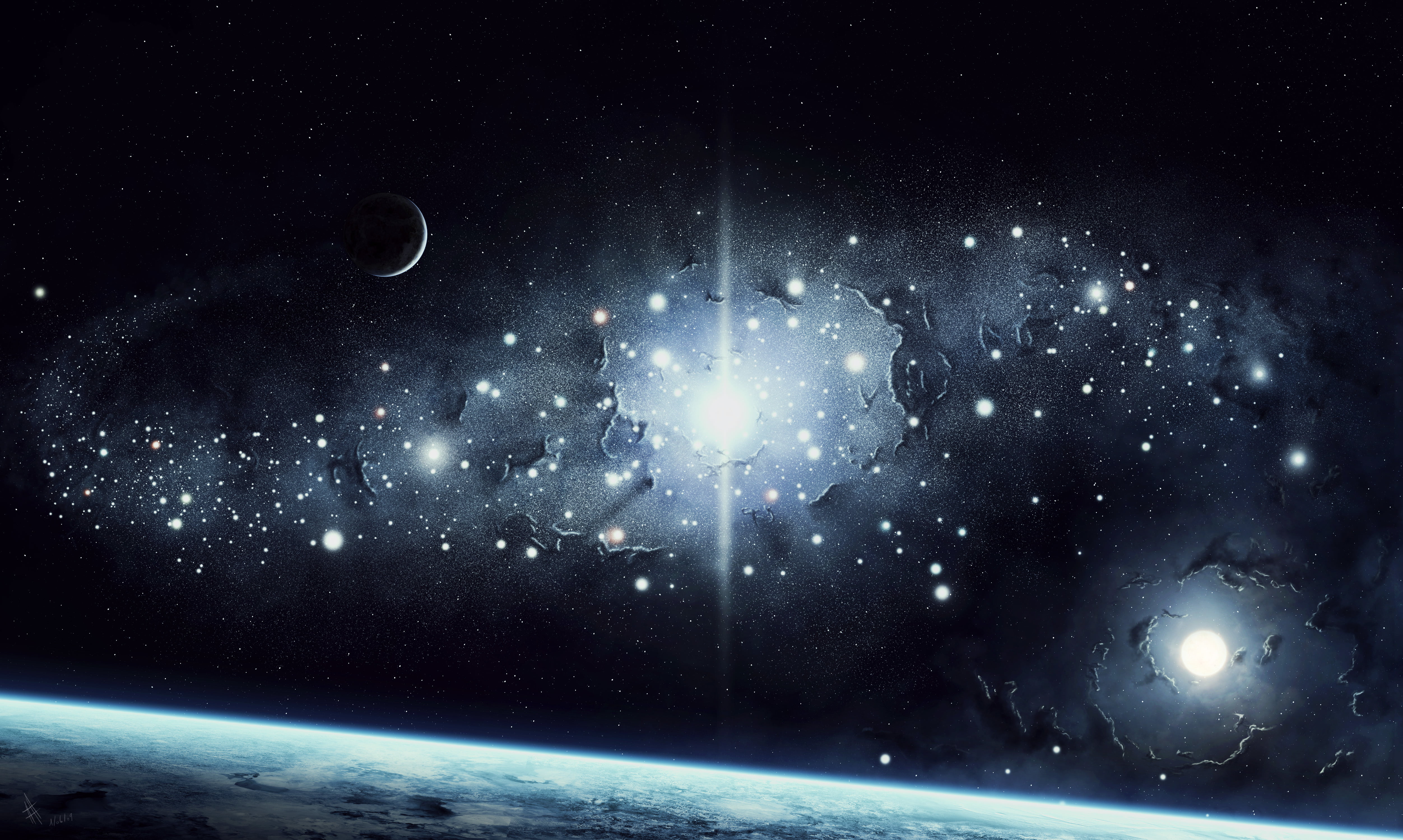 heavenly bodies illustration, space, stars, surface, light, earth