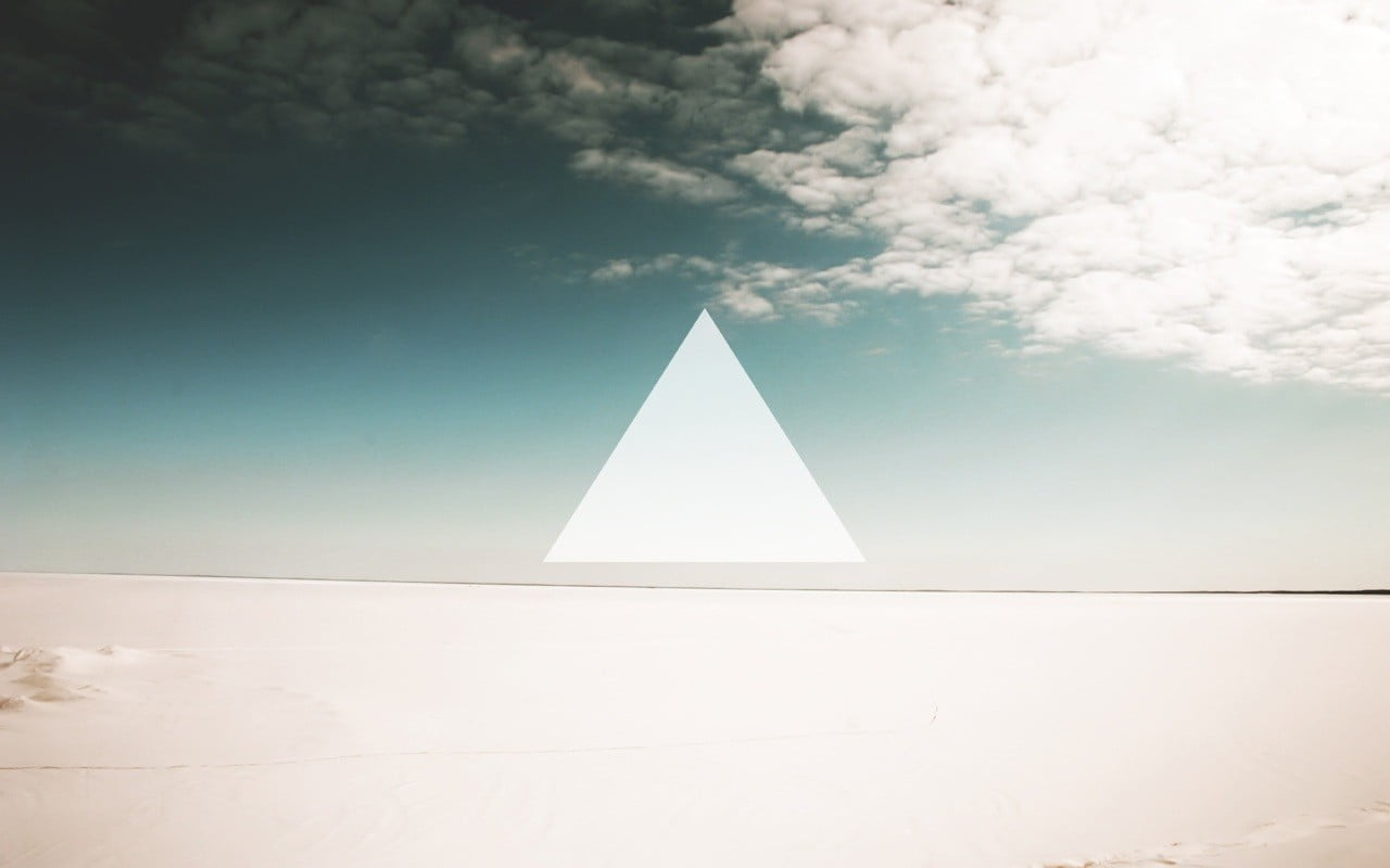 white triangle screenshot, minimalism, desert, clouds, sky, digital art