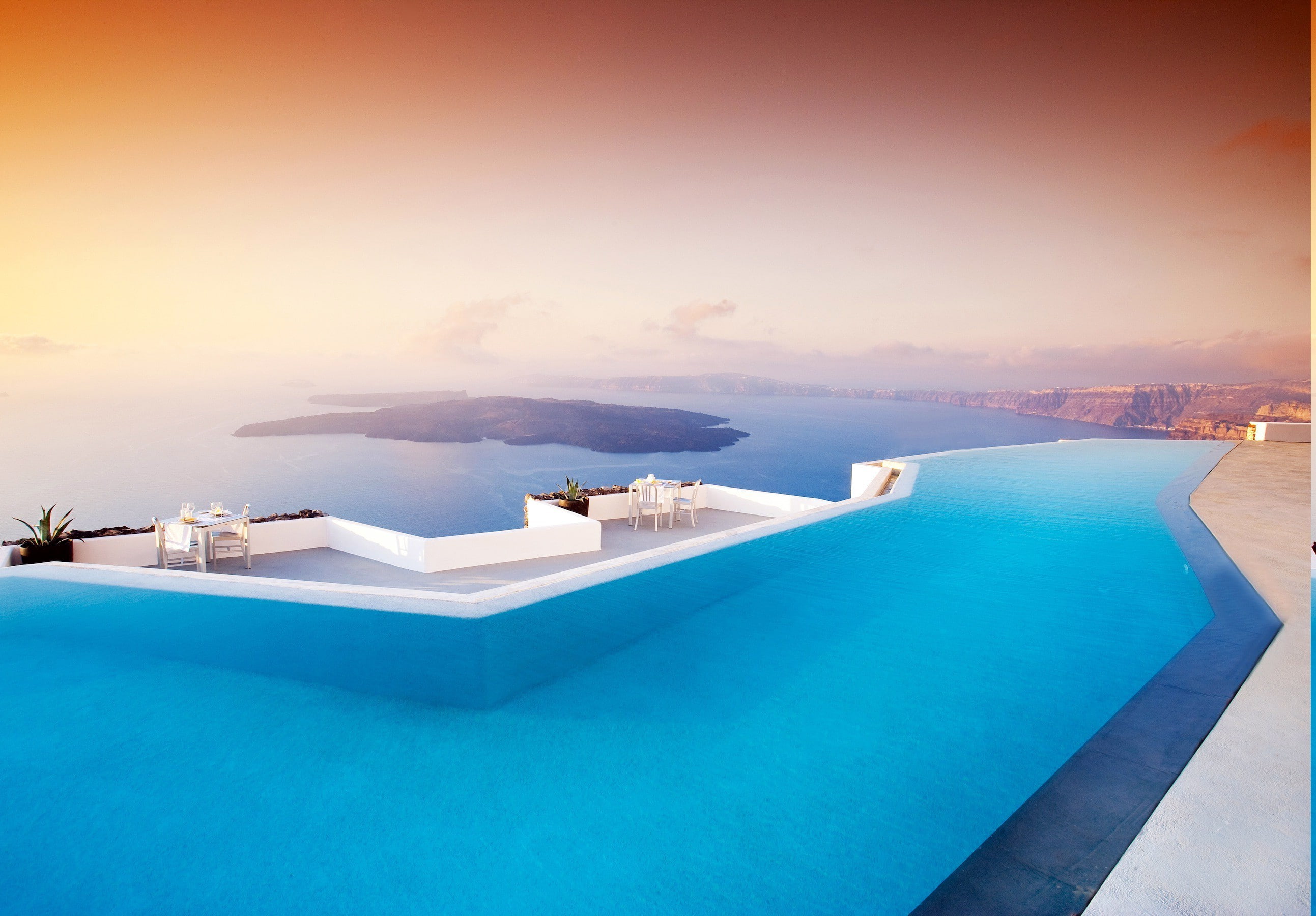 swimming pool landscape greece santorini, water, luxury, trip