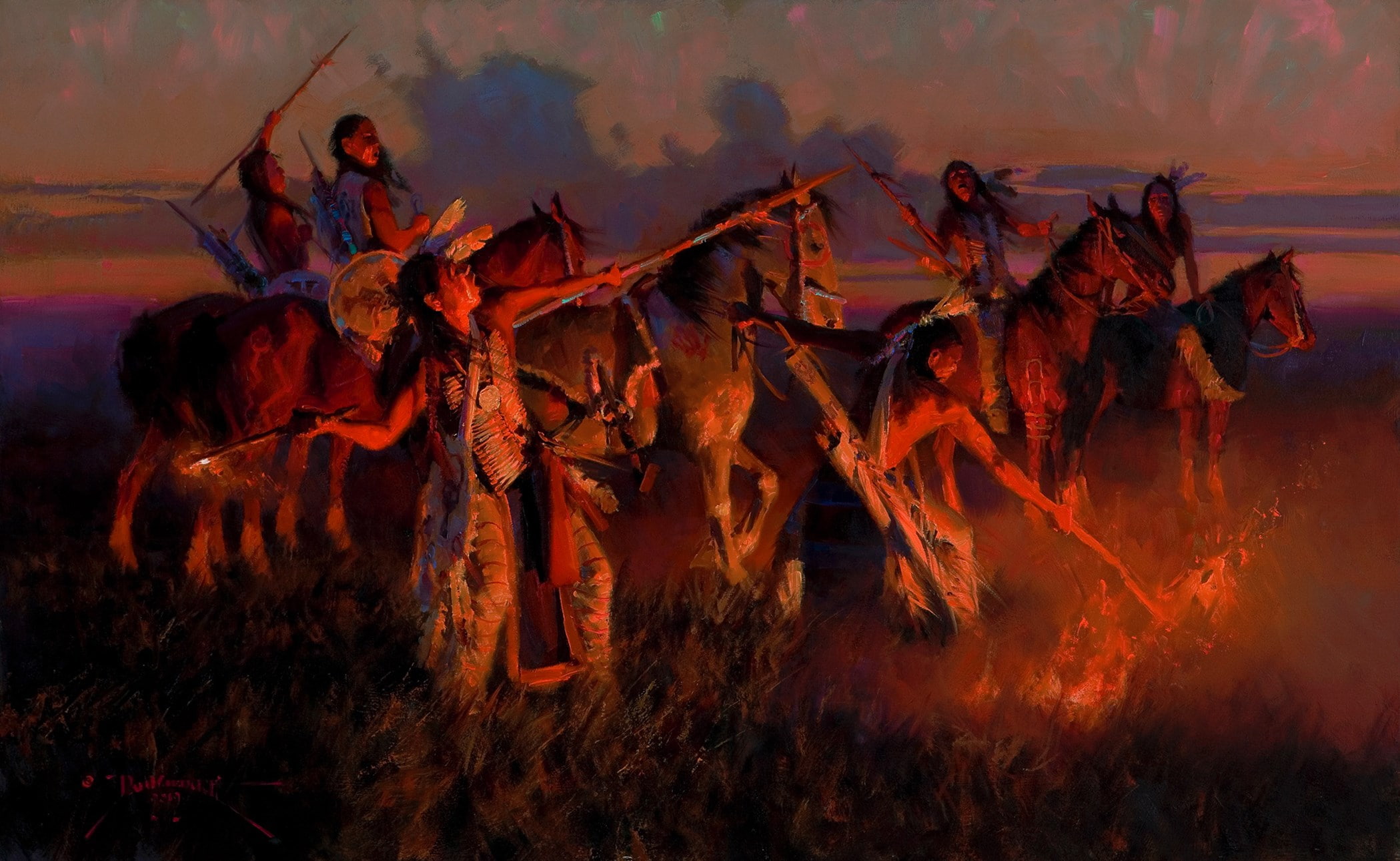 native american, group of people, domestic animals, sunset