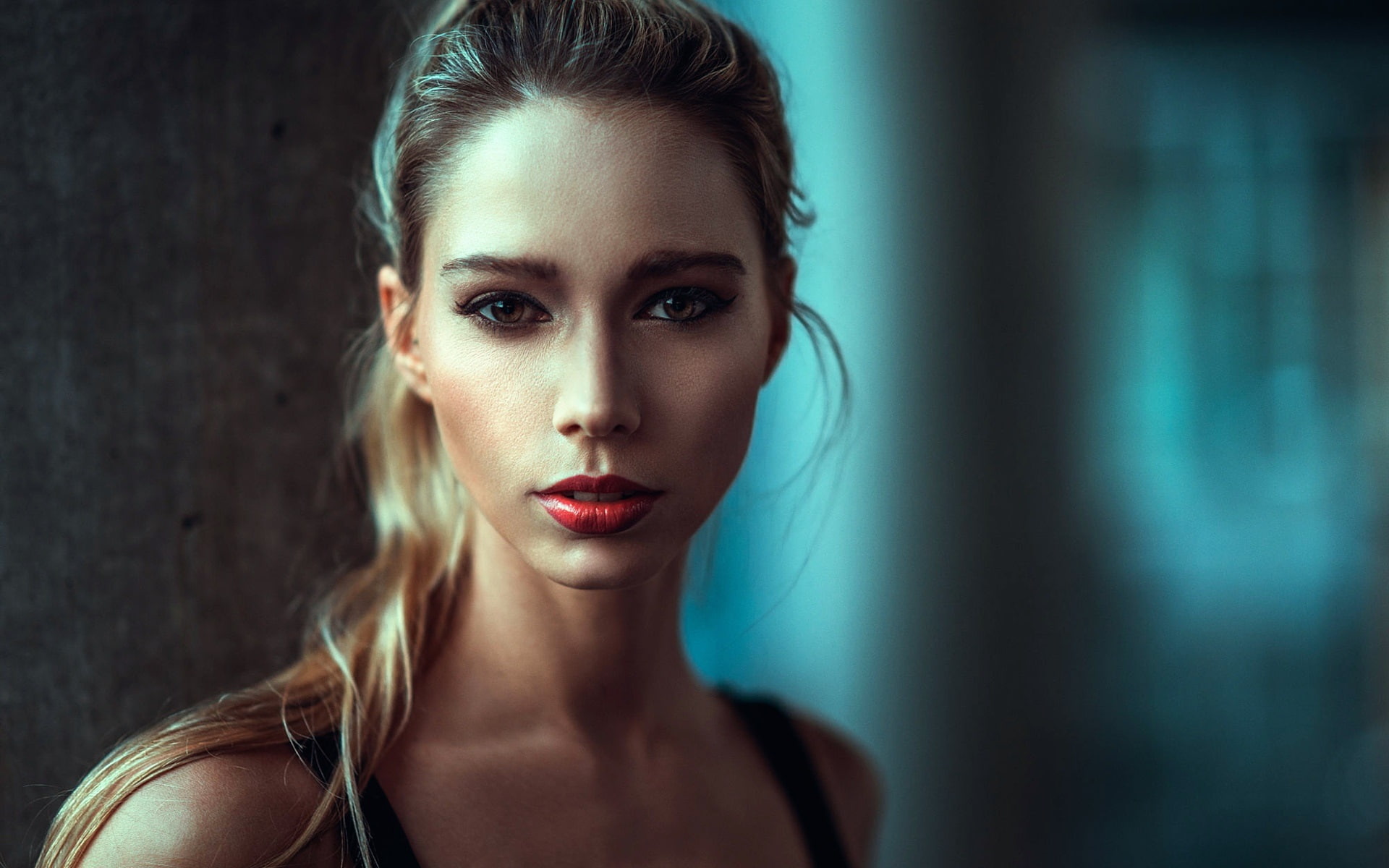 Blonde girl, makeup, portrait, red lip