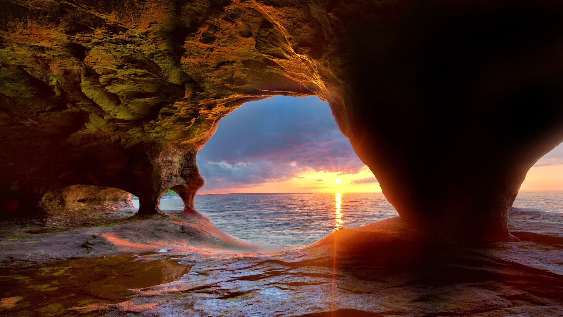 landscape, horizon, sunset, lake, cave, Lake Superior, Michigan