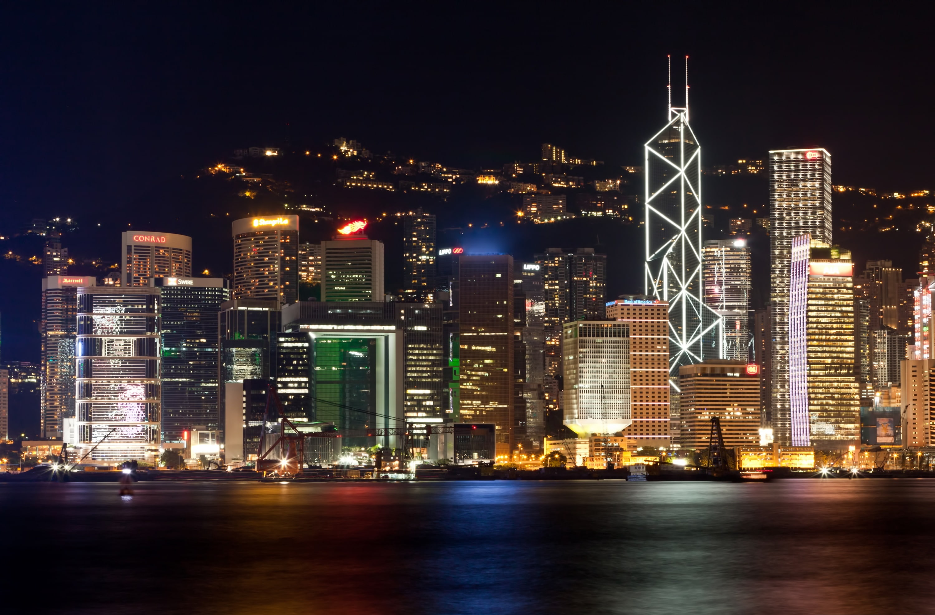 Hong Kong Lights, lightened high-rise buildings at night, Asia