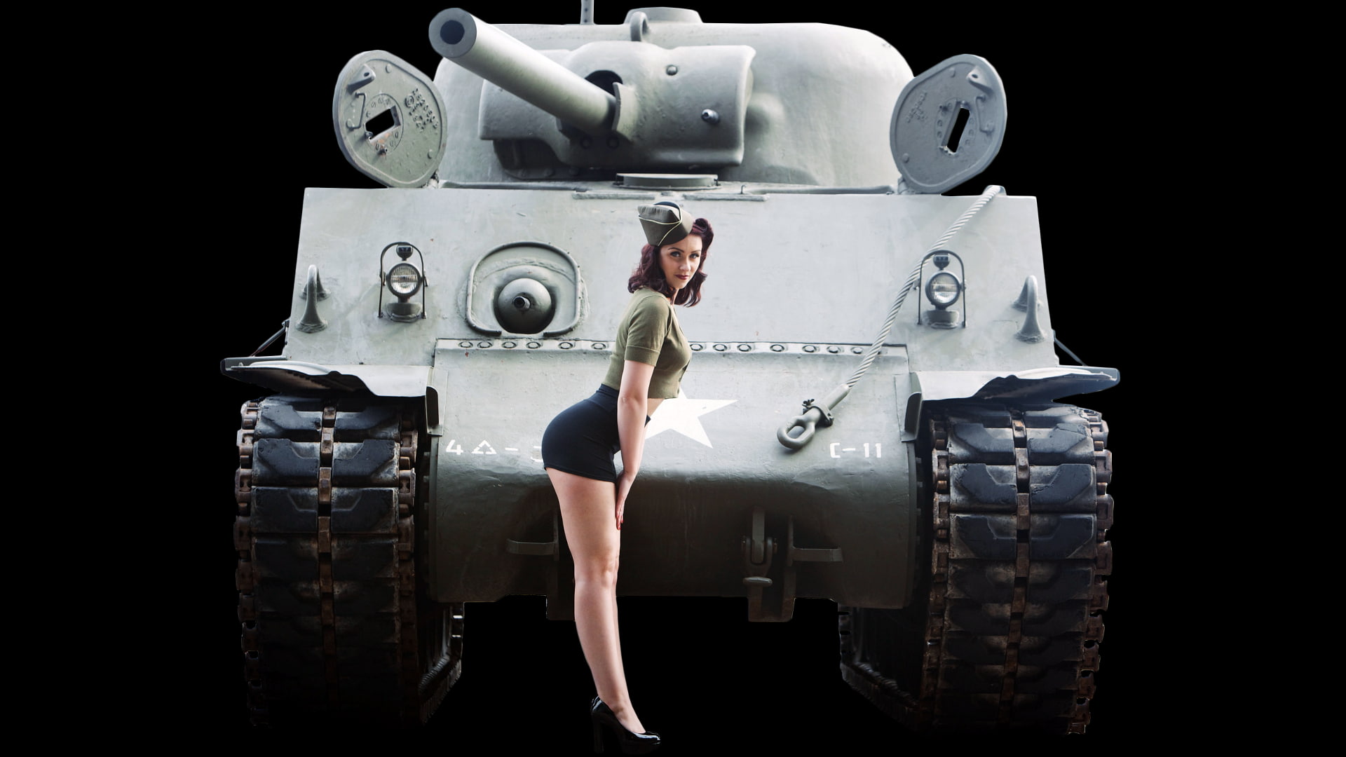 gray tank illustration, pinup models, M4 Sherman, miniskirt, crop top