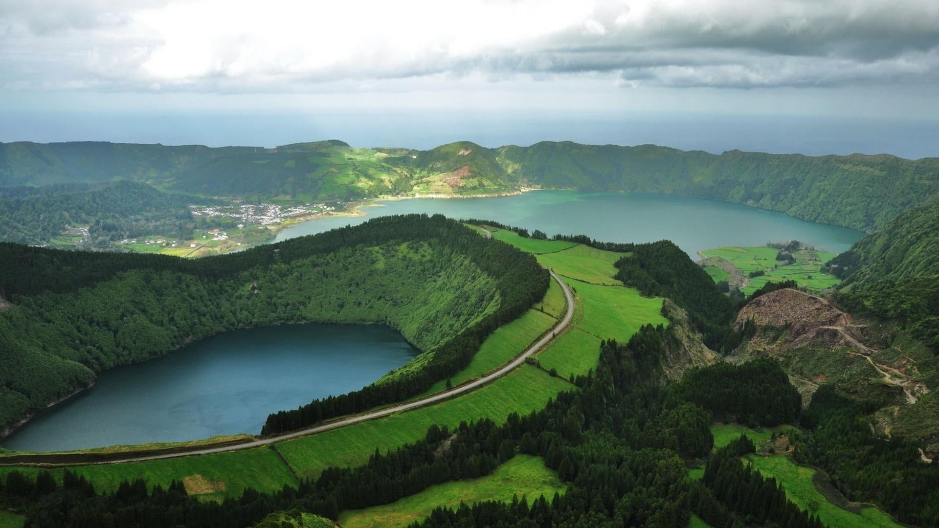 azores, lake, portugal, landscape, europe, sky, clouds, crater lake