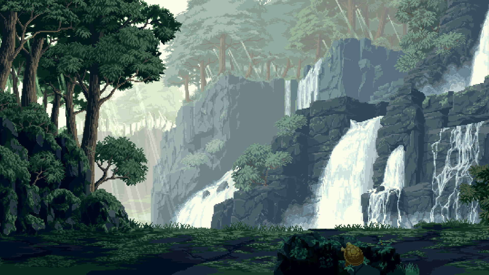 waterfalls digital wallpaper, digital art, pixel art, pixelated