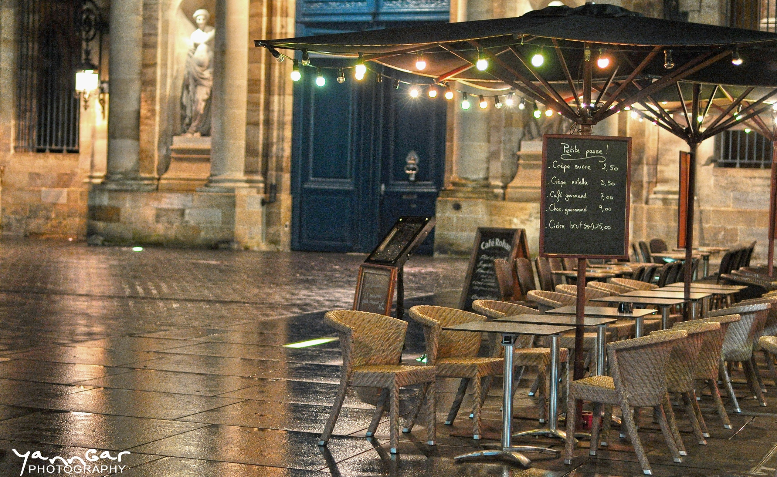 Cafe, Bordeaux, France, brown armless chair lot, Europe, night