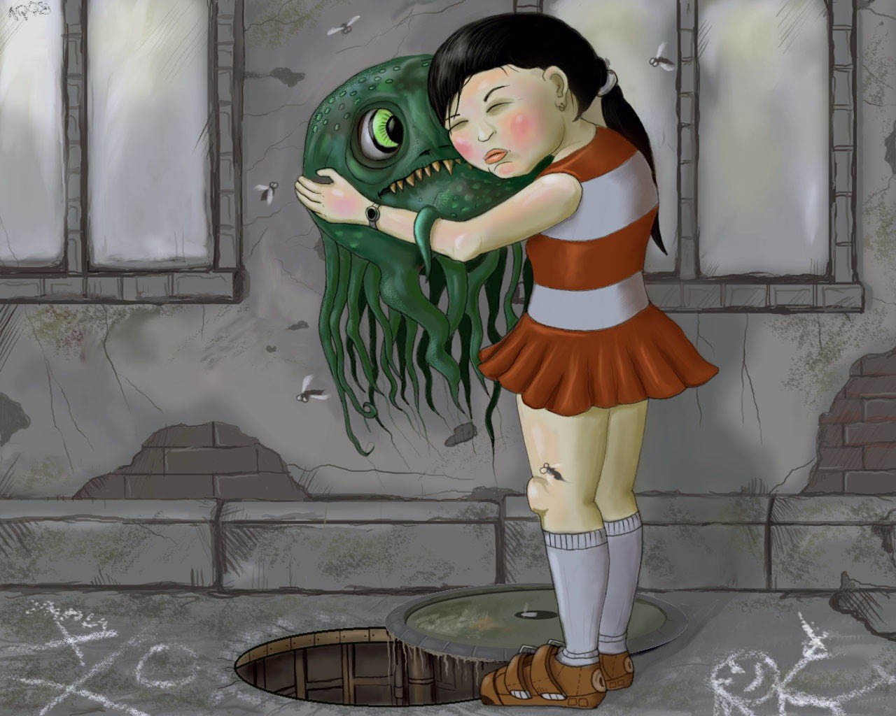 girl hugging green octopus digital wallpaper, figure, monster