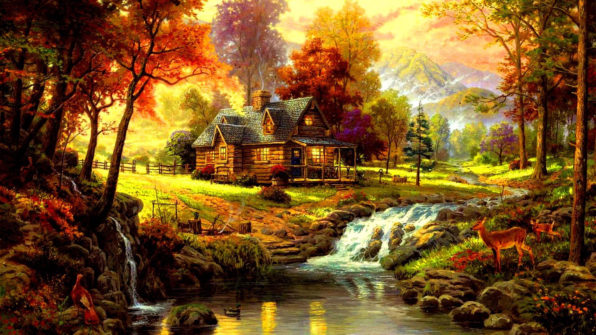 landscape, painting, forest, river, animals, house, fantasy