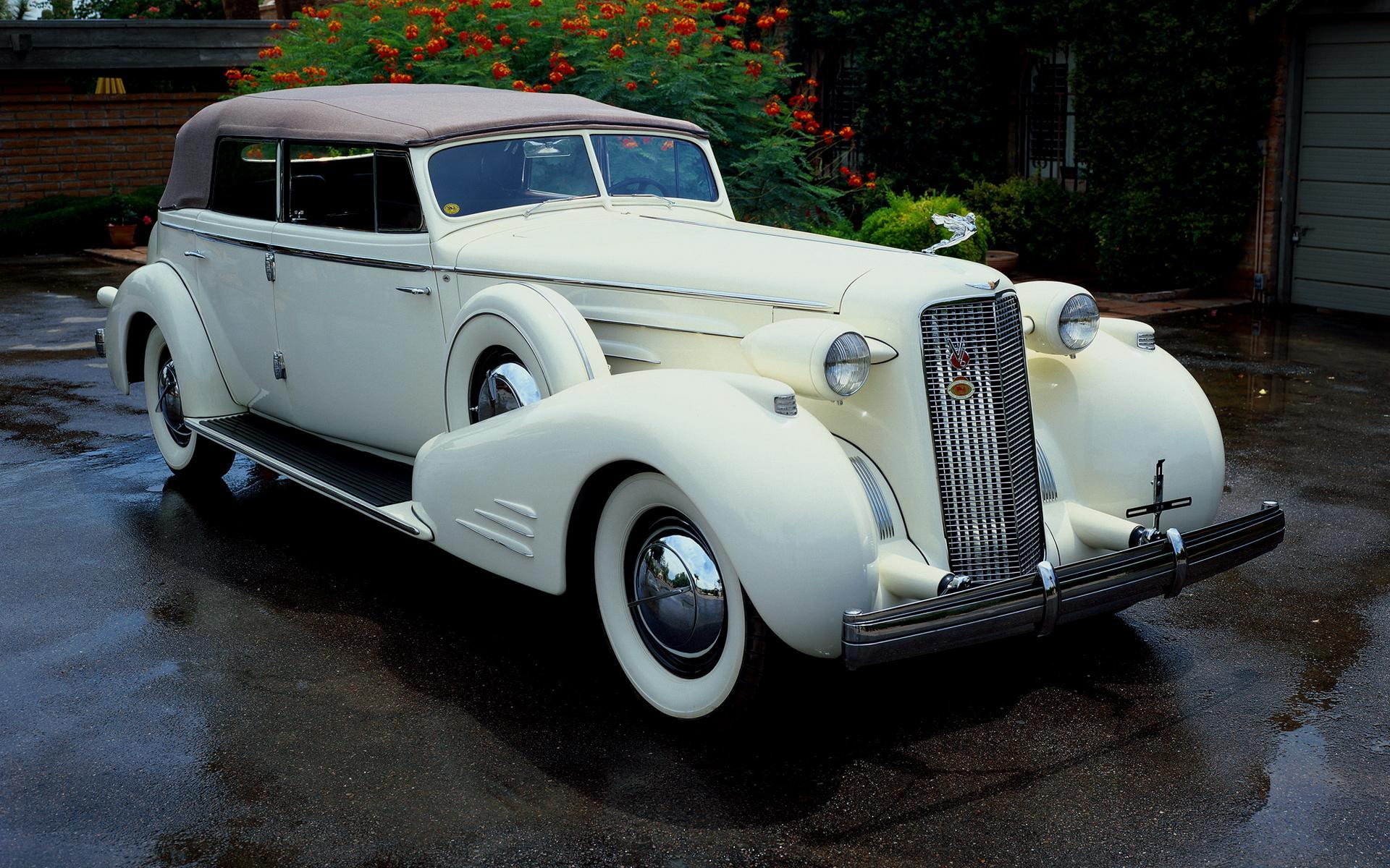 1936 Cadillac V-16 Series 90, white vintage coupe, cars, 1920x1200