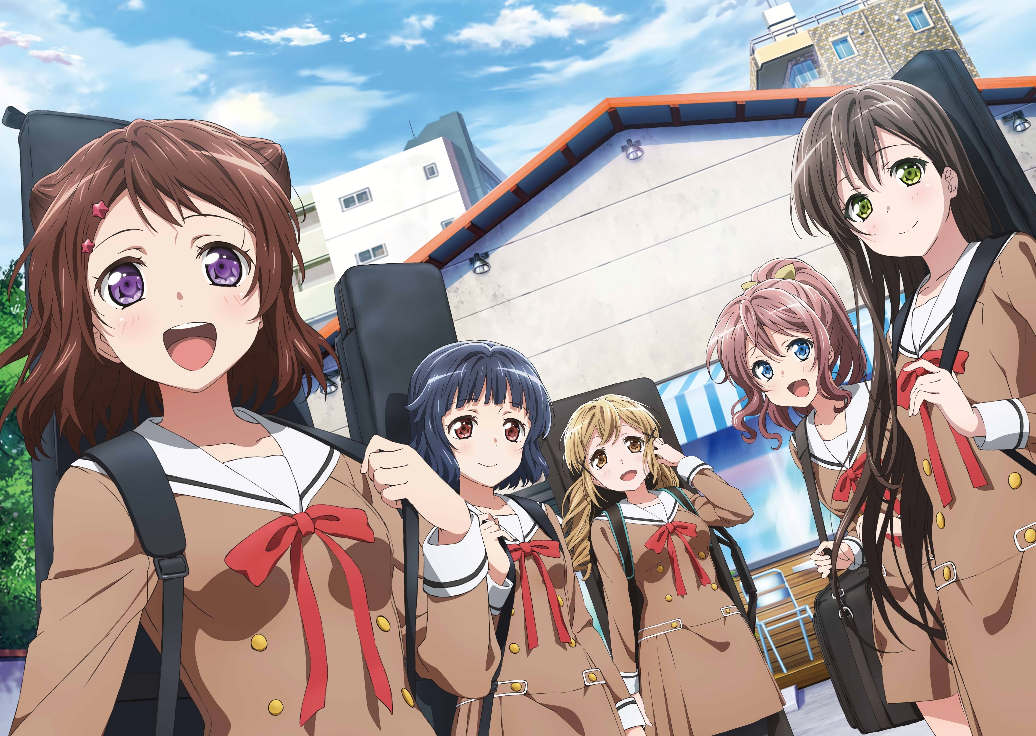 anime girls, friends, instruments, school uniform, ribbons