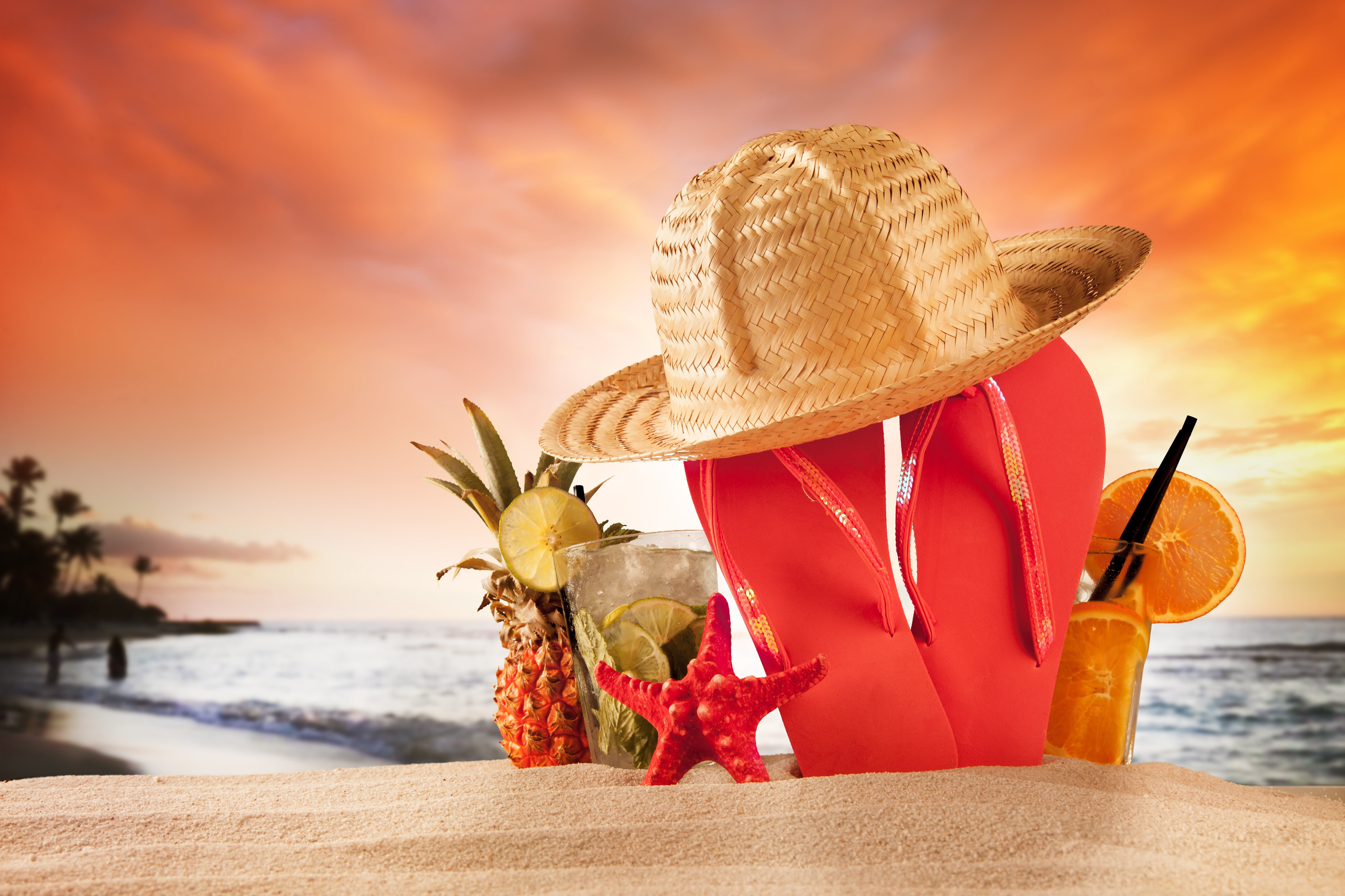 sand, sea, beach, summer, sunset, cocktail, shell, vacation