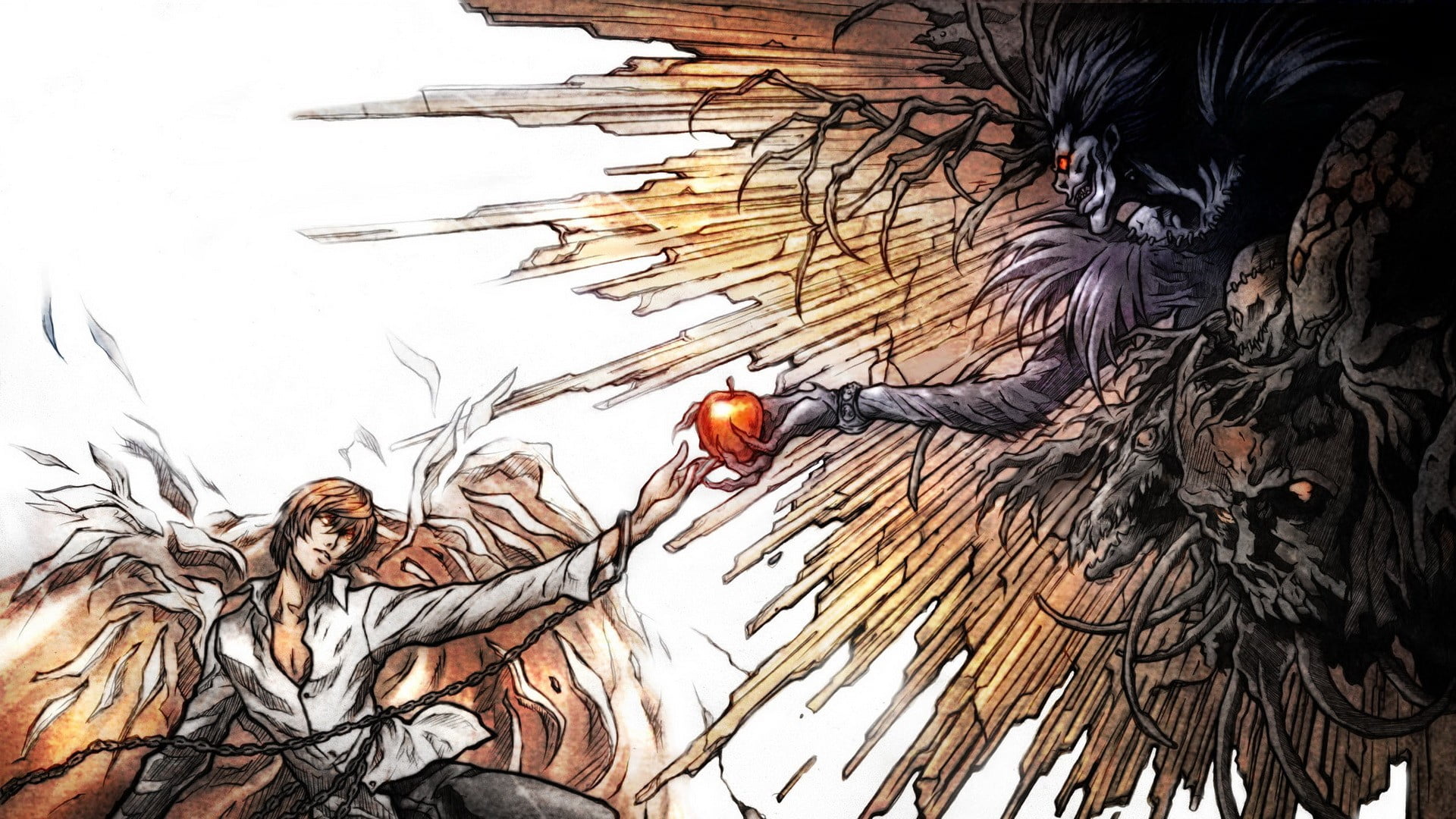 man receiving apple from demon wallpaper, Death Note, Yagami Light
