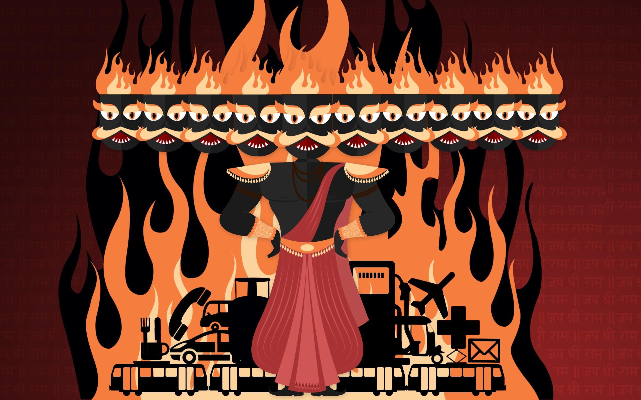 Happy Dussehra 2014, orange black and white flames cartoon character artwork