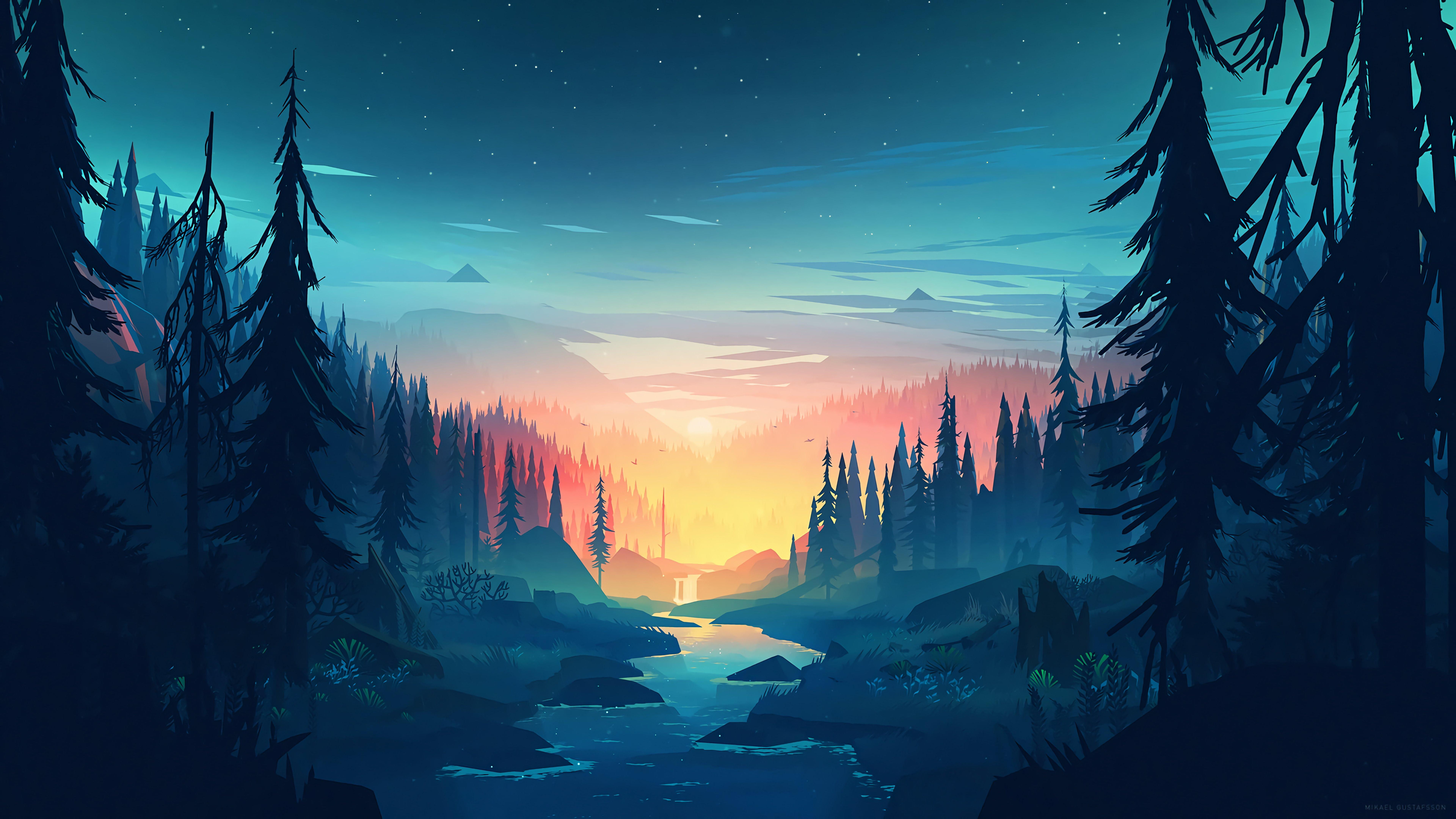 vector forest, sunset forest, nature, sky, atmosphere, darkness
