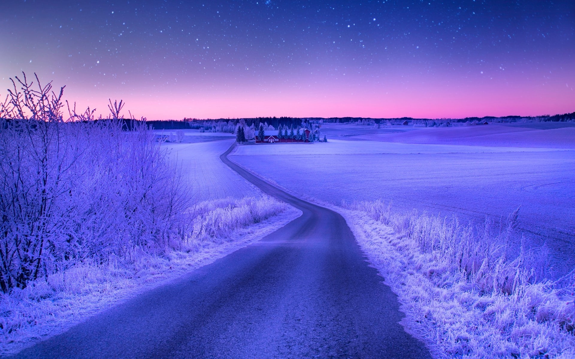 landscape, nature, road, winter, snow, field, stars, evening