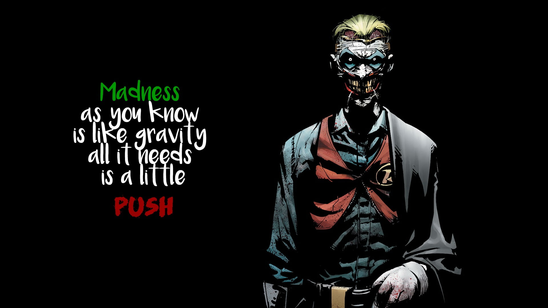 The Joker illustration with text overlay, quote, comics, black background