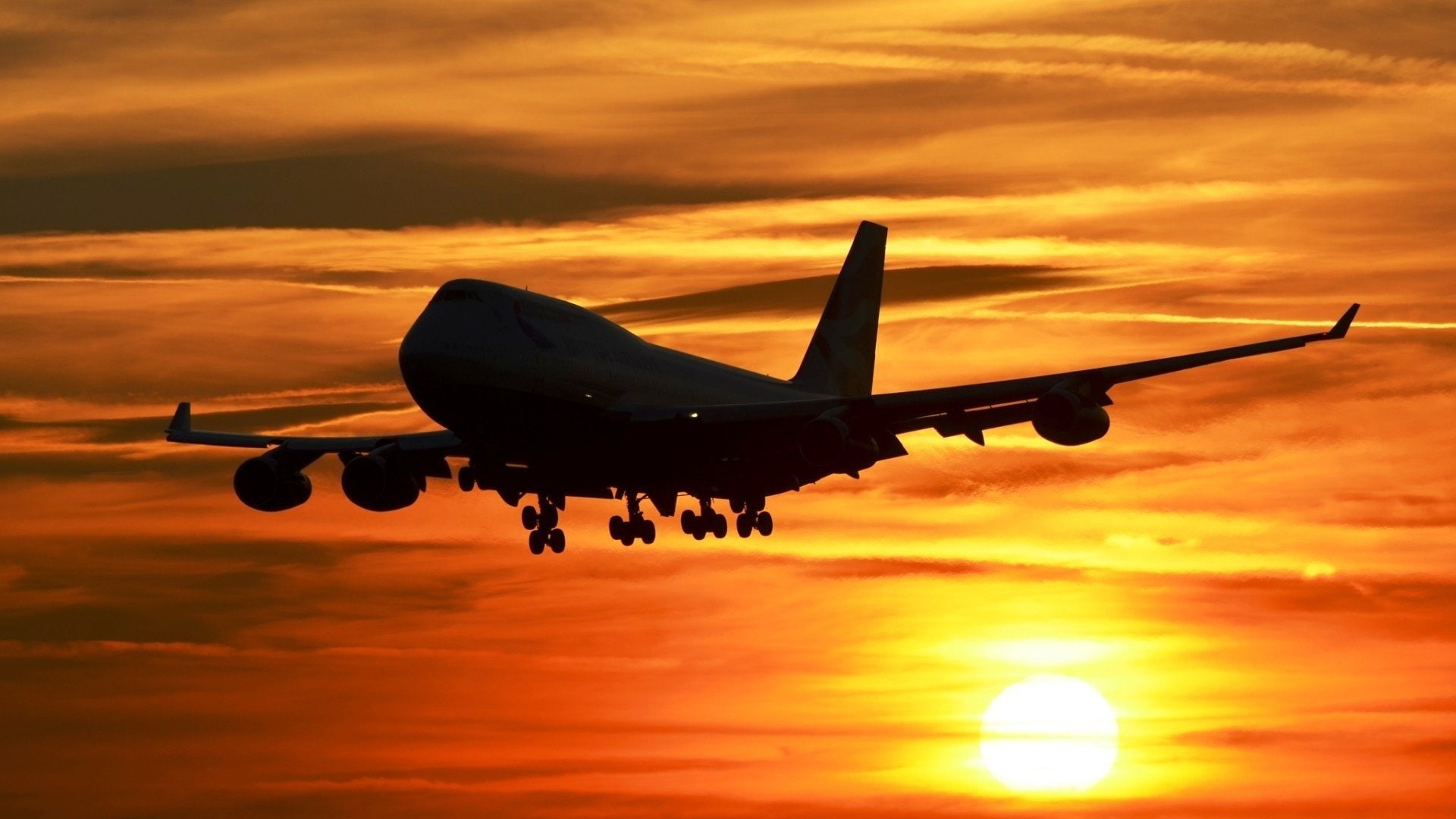 airplane landing silhouette sunset sky boeing 747, air vehicle