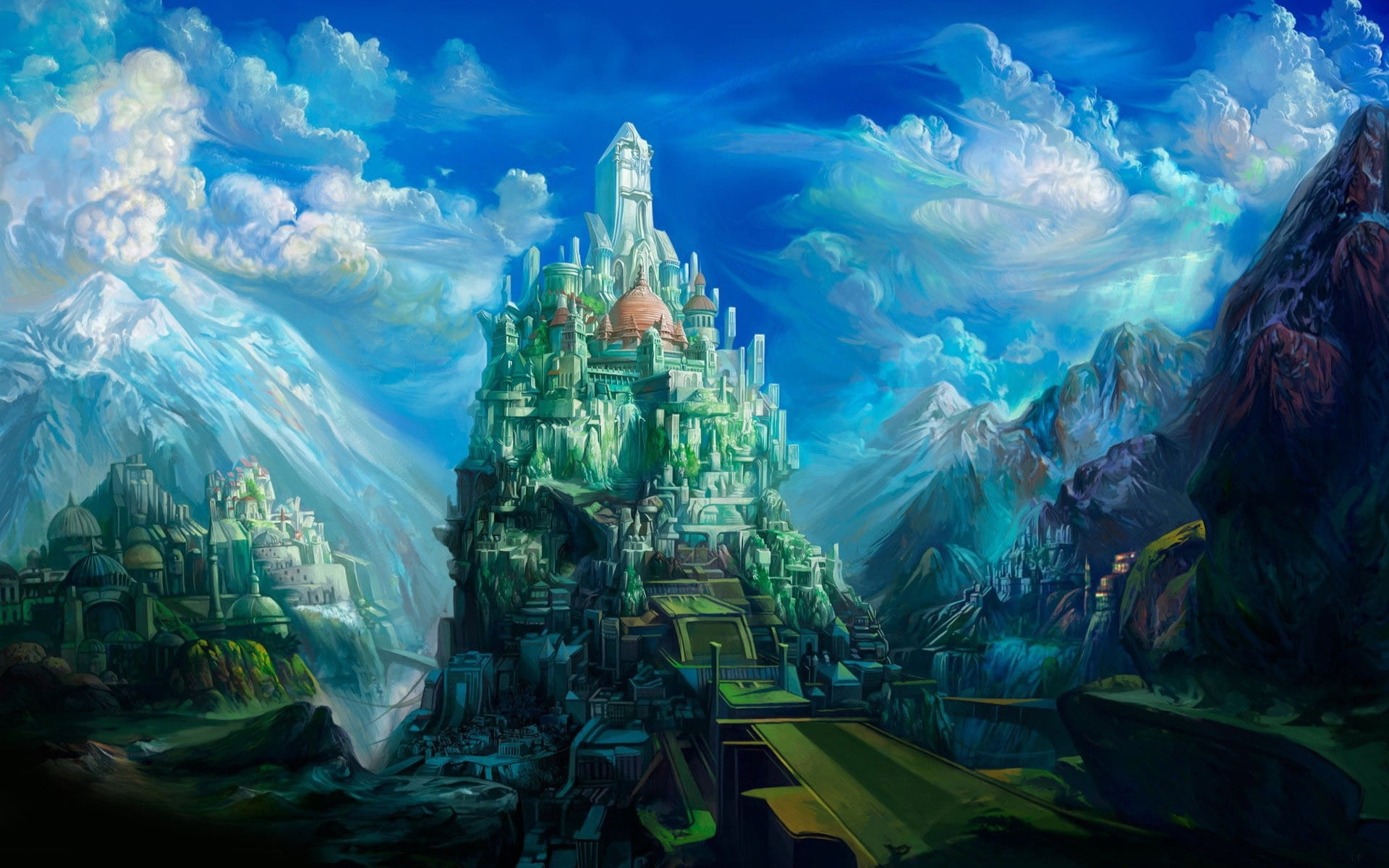 green castle digital wallpaper, digital art, fantasy art, clouds