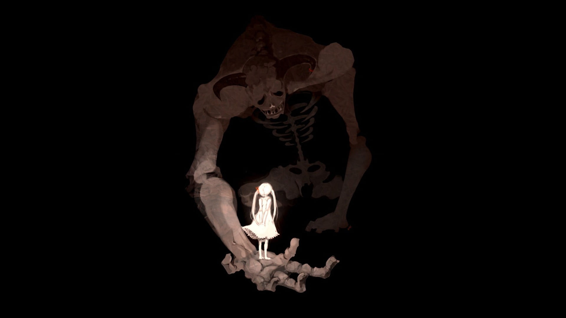 girl standing on giants hand illustration, artwork, demon, black background