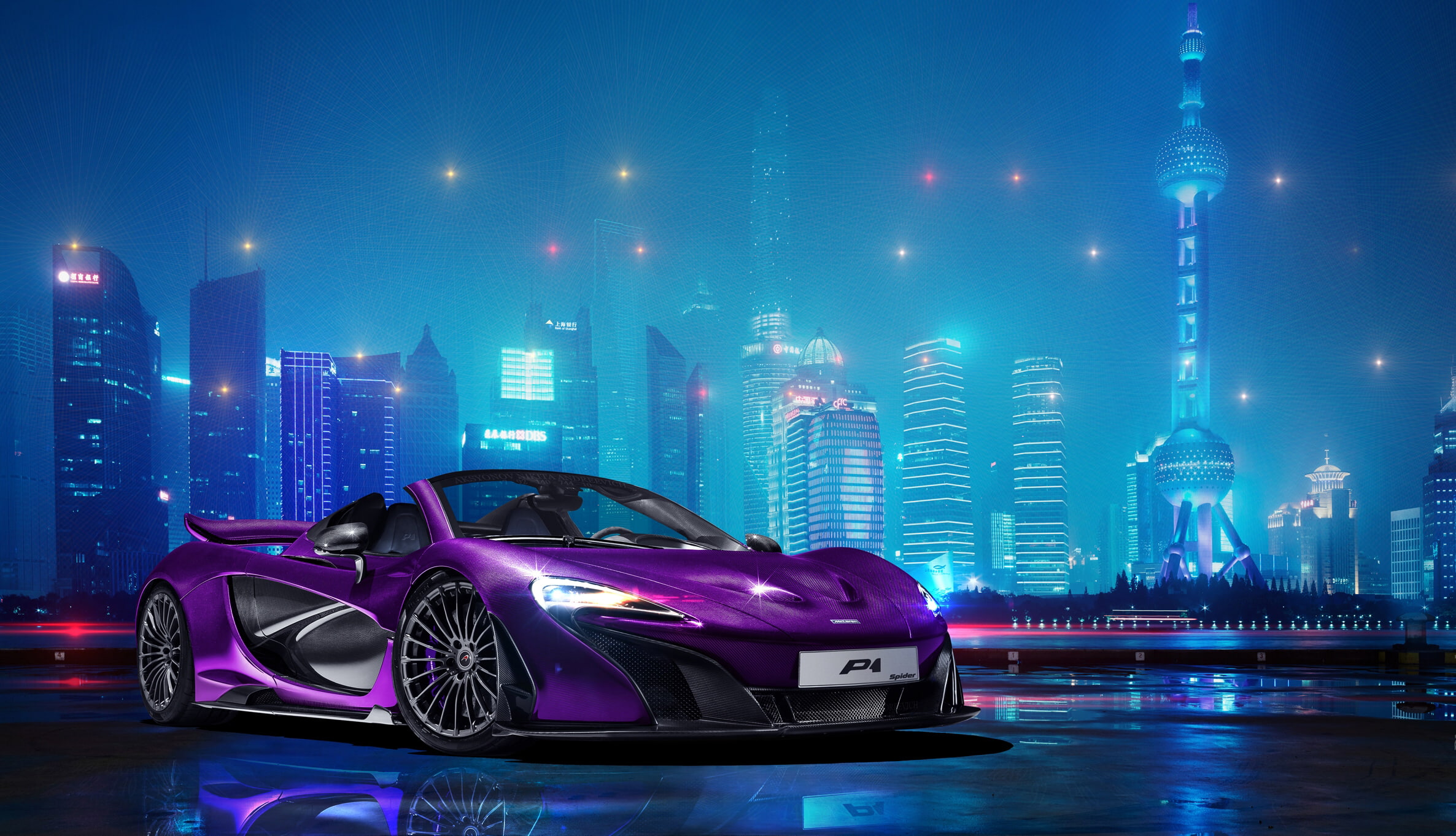 purple McLaren P1 roadster, photoshop, night city, hypercar, illuminated