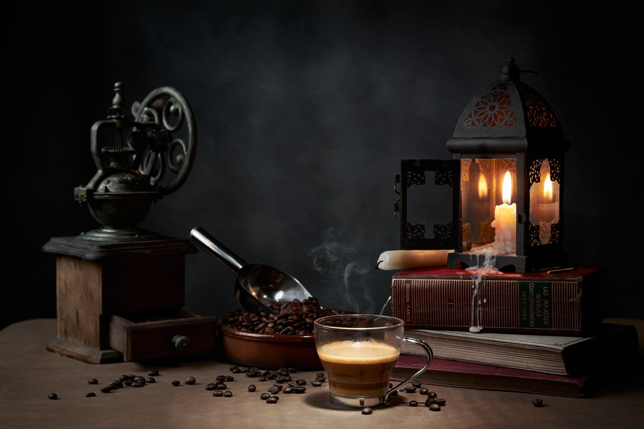 style, books, lamp, coffee, candles, mug, still life, coffee beans