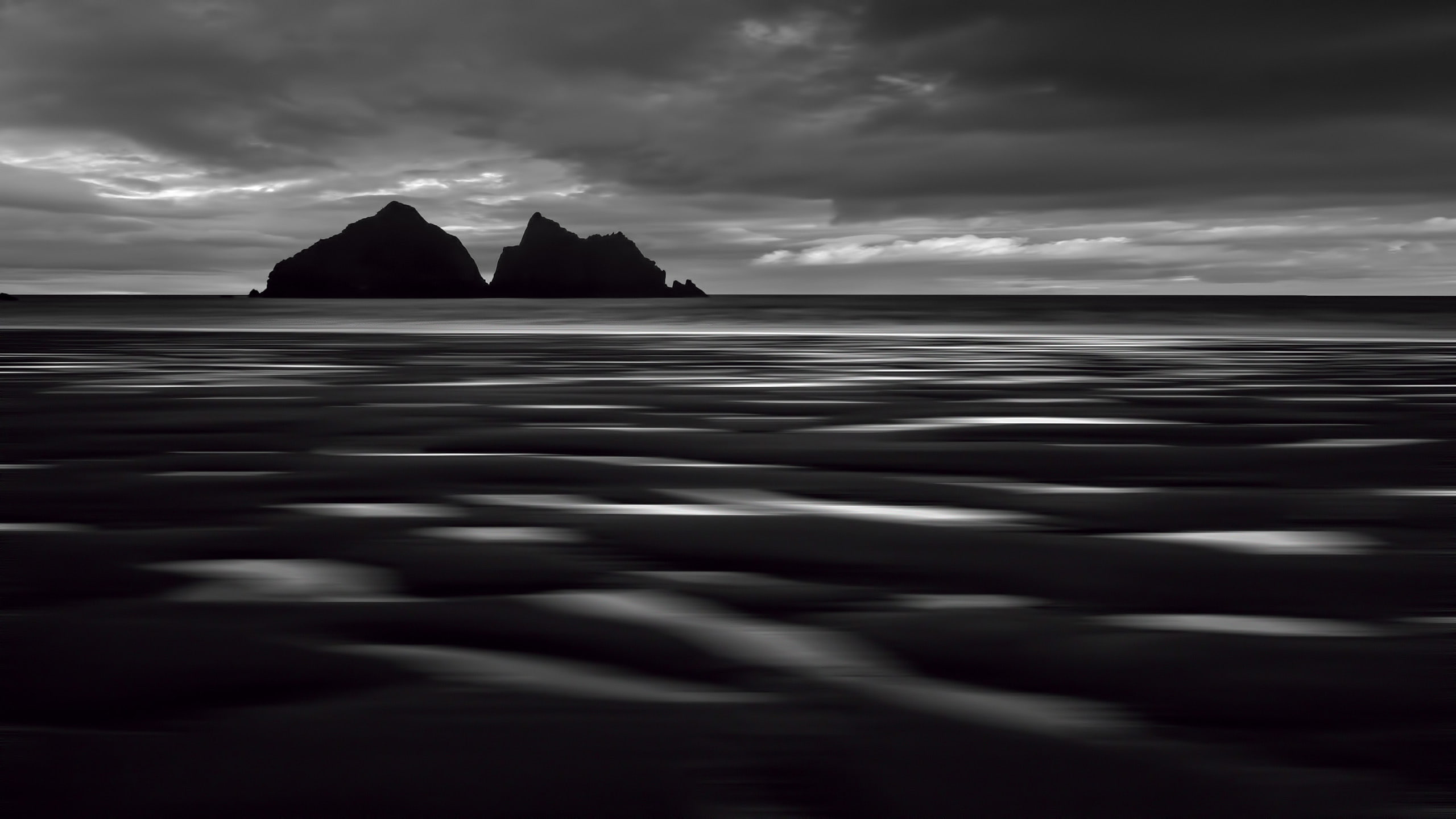 BW Landscape HD, grayscale of island surrounded by sea painting