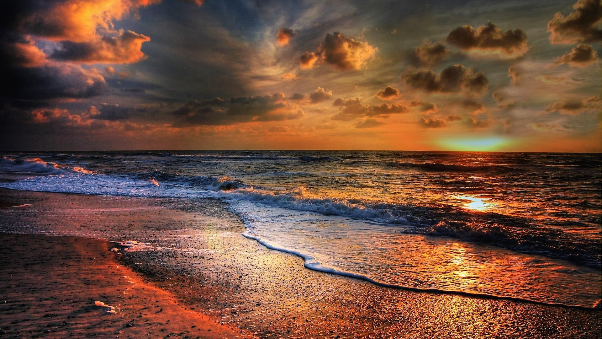 seaside, sunset, sky, horizon, beach, shore, ocean, wave, cloud