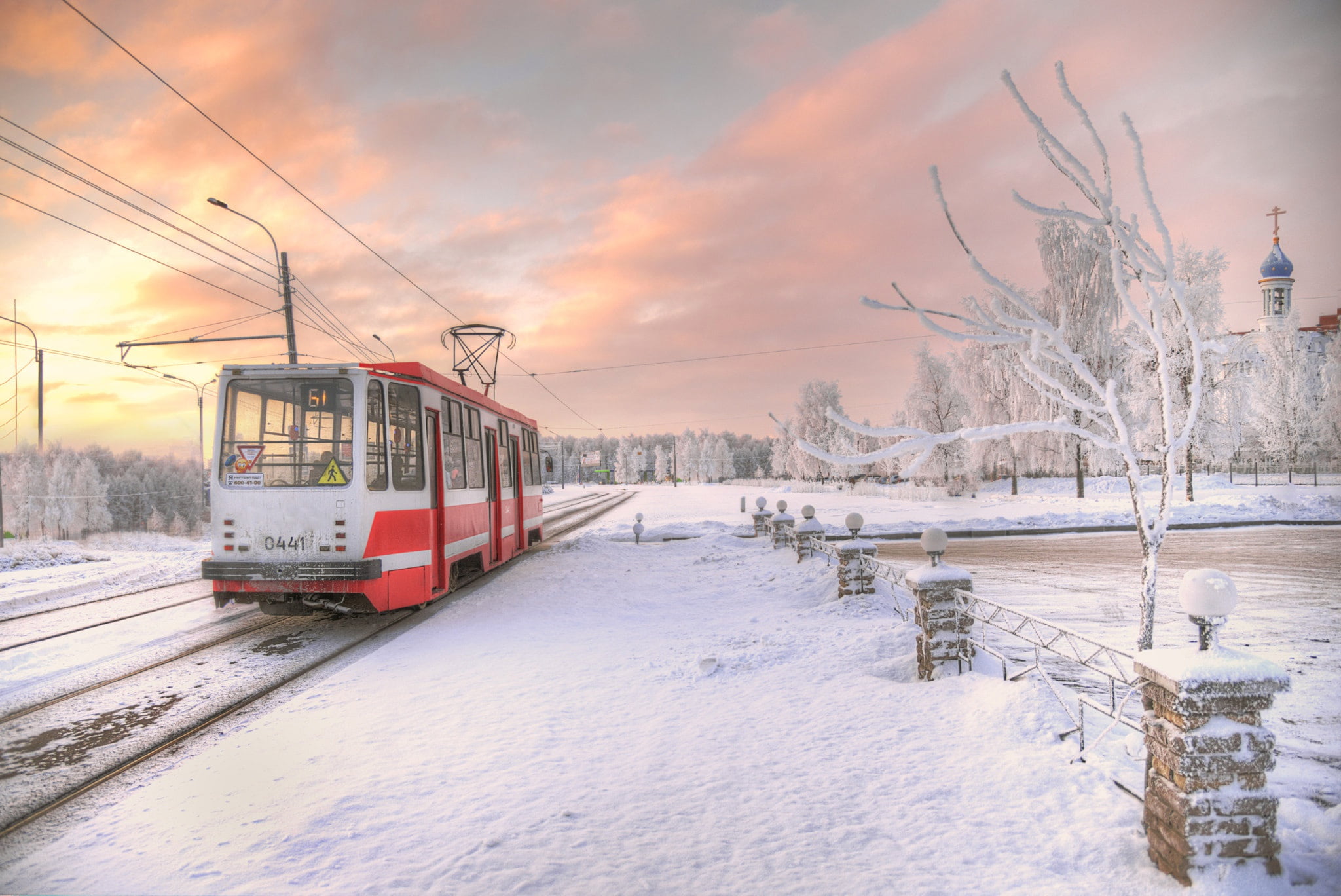 winter, the sky, trees, the city, tram, Ed Gordeev, Eduard Gordeev