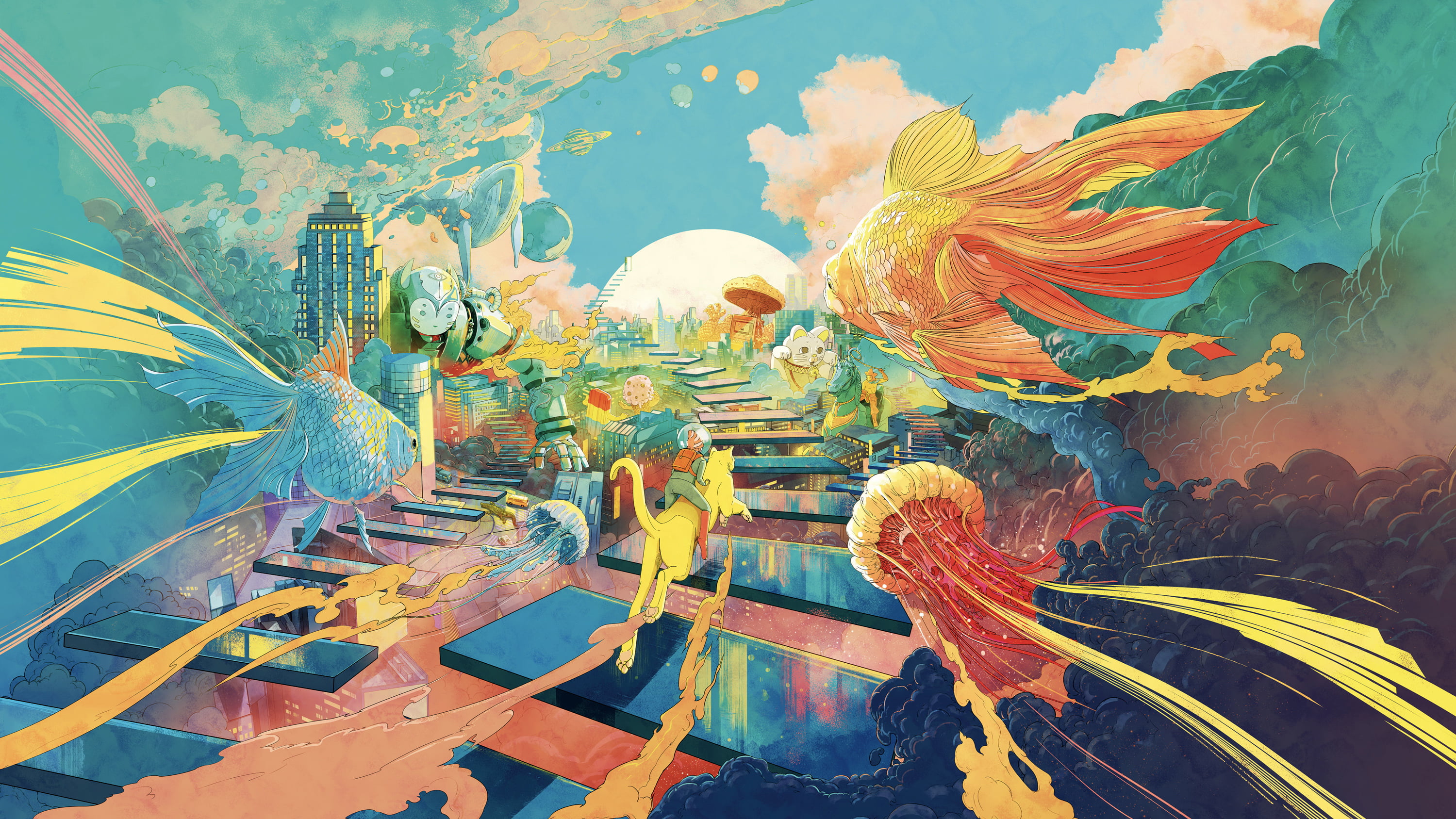 digital art, fantasy art, fish, clouds, smoke, city, jellyfish