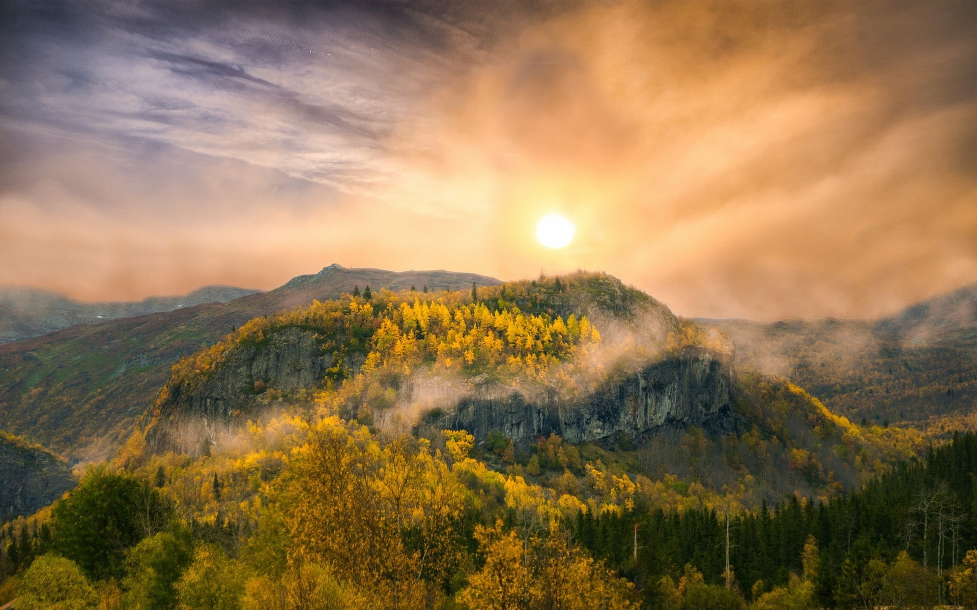 clouds, Fall, forest, landscape, mountain, nature, sky, sunset