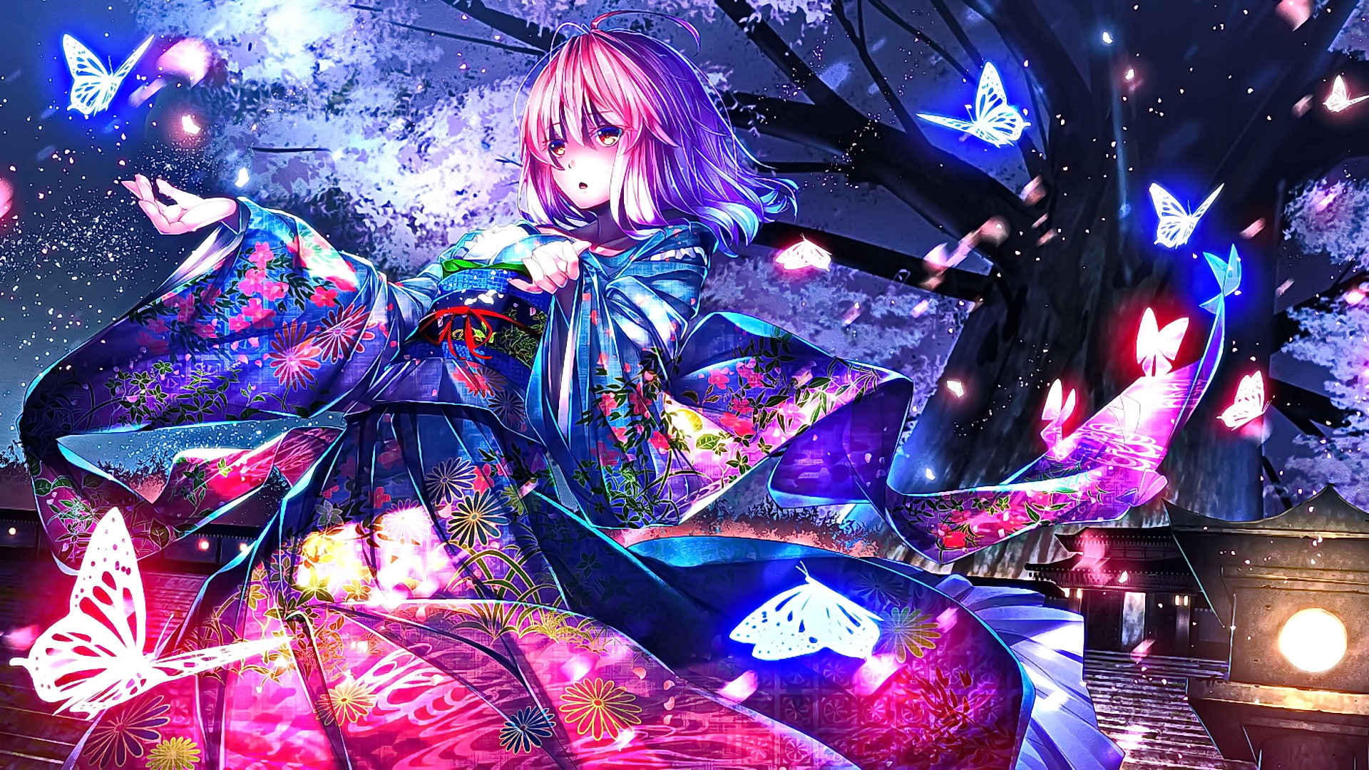 Touhou, butterfly, Japanese clothes, anime girls, pink hair